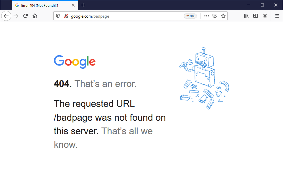 Chyba 404 na Google.com