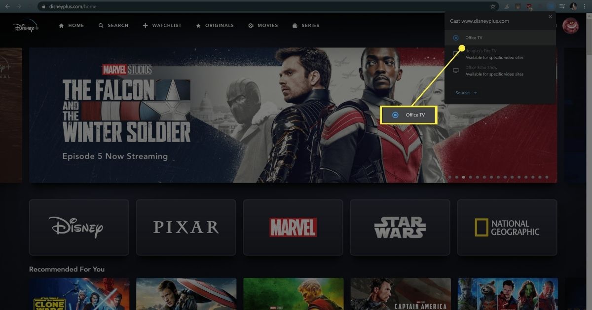 Odesílání Disney Plus do Chromecastu z prohlížeče Chrome.