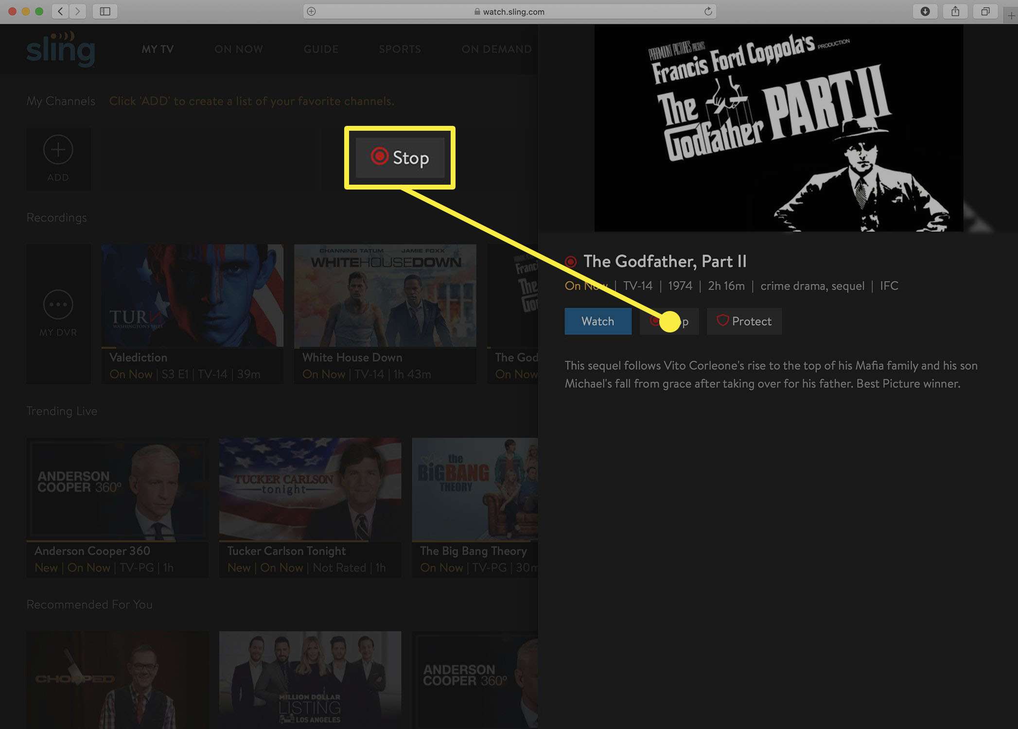 Screenshot tlačítka Sling TV pro zastavení záznamu DVR.