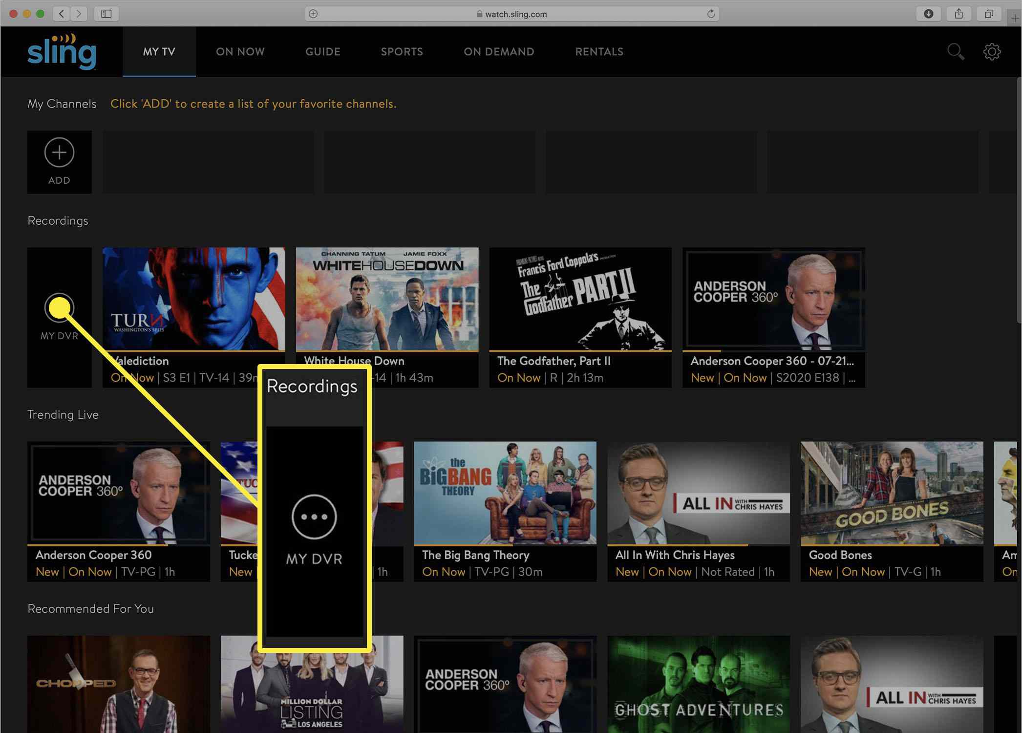 Screenshot obrazovky DVR Sling TV My Recordings.