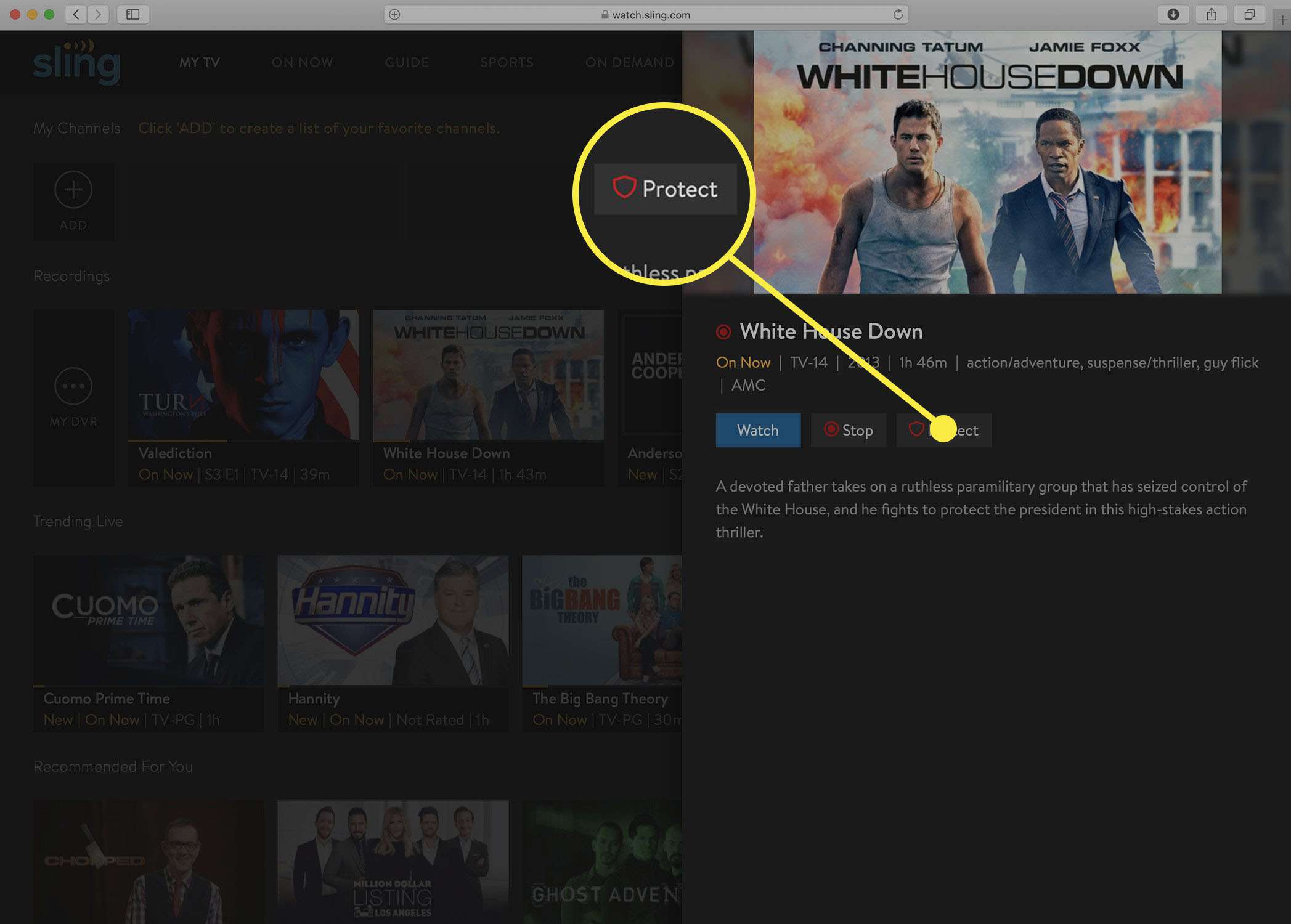 Screenshot možnosti Sling TV k ochraně záznamu DVR.