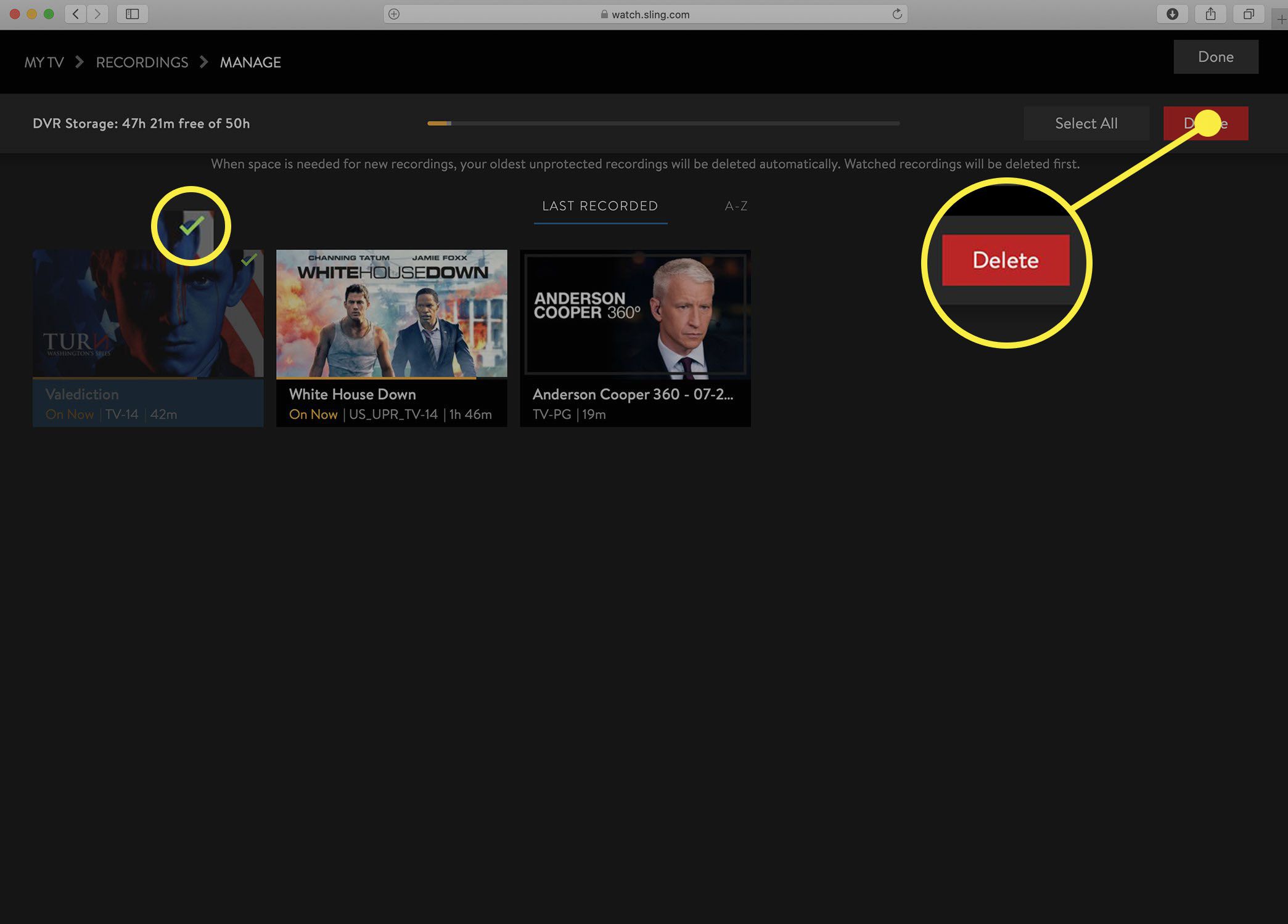 Screenshot obrazovky Sling TV Správa DVR s položkami označenými k odstranění.