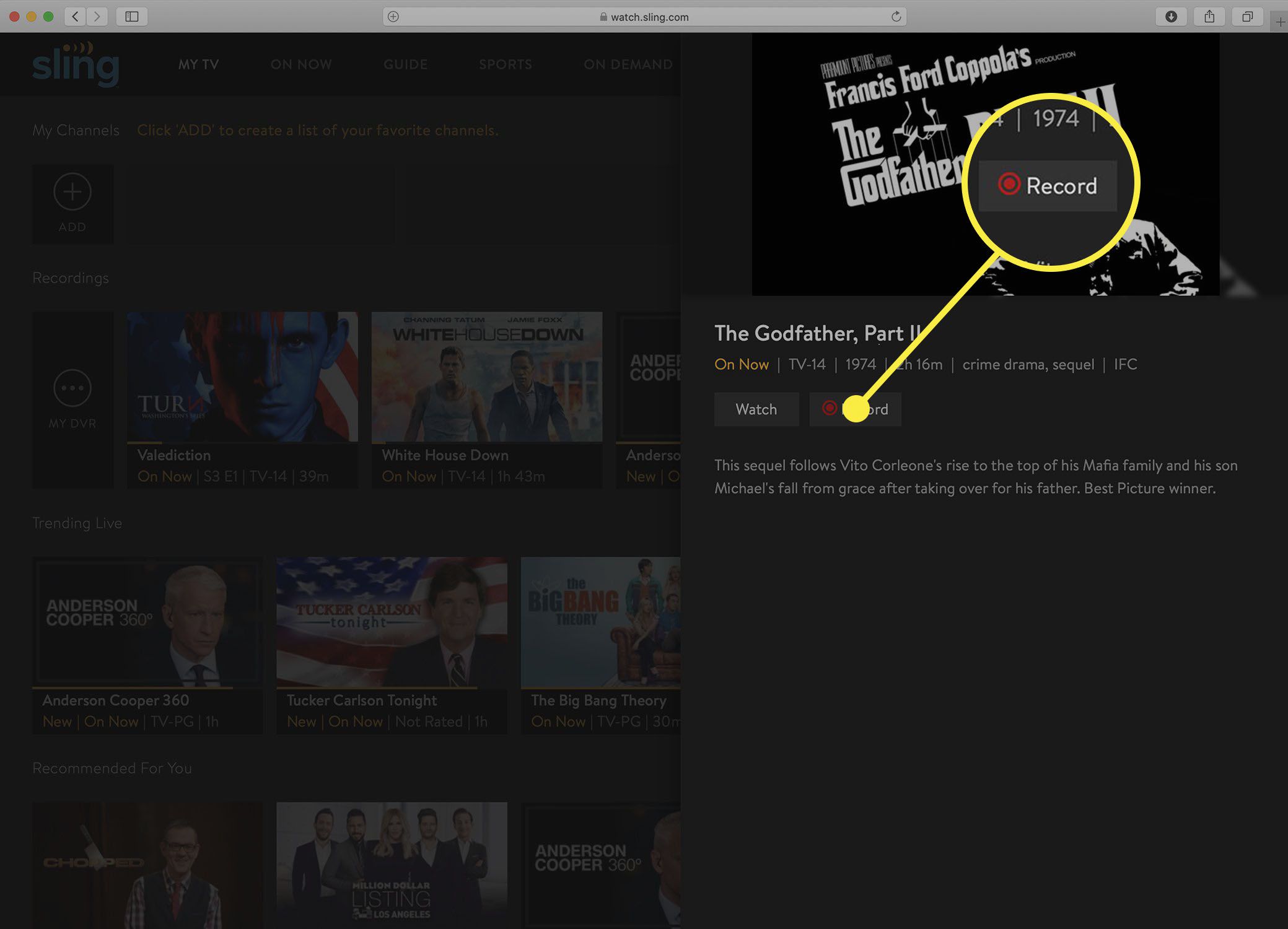 Screenshot obrazovky s informacemi o Sling TV show po zastavení záznamu DVR.
