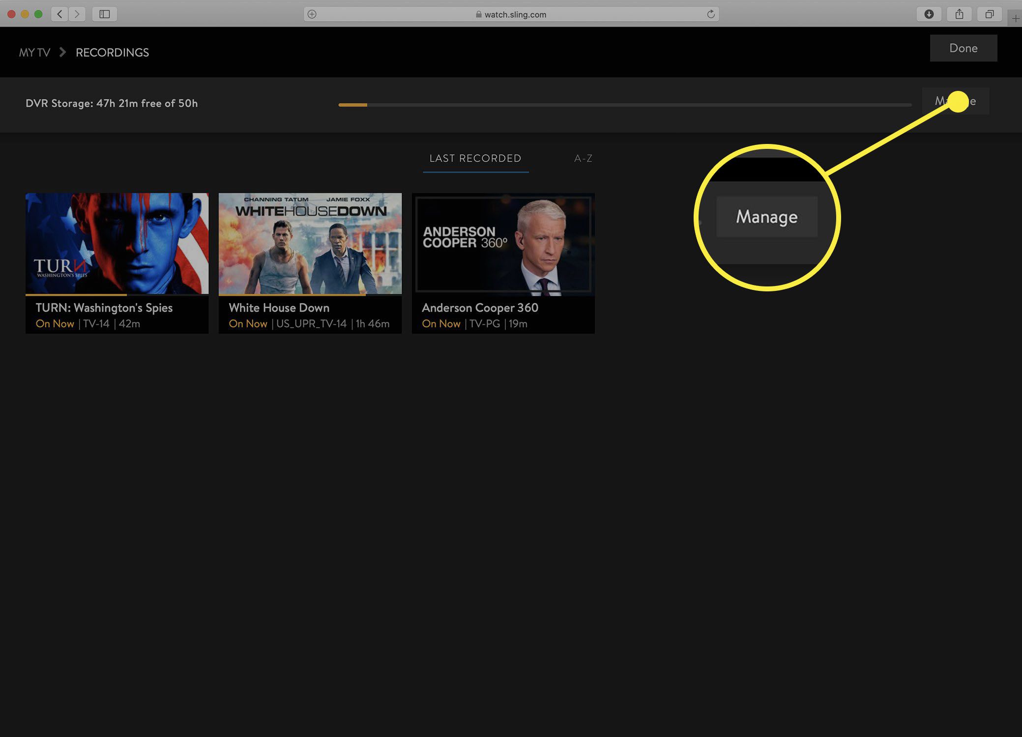 Screenshot obrazovky Sling TV Manage DVR.