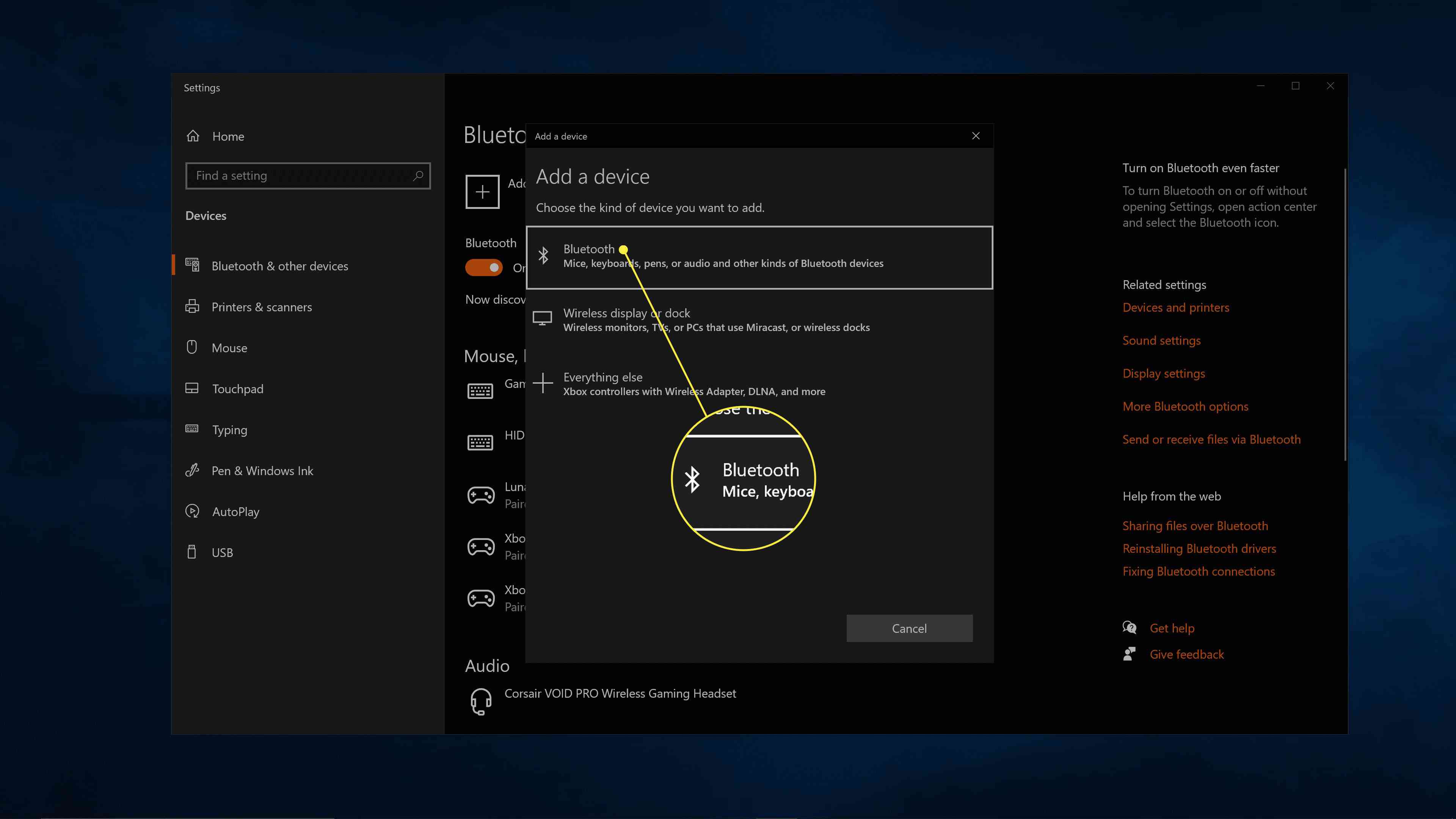 Bluetooth vybrané v nabídce přidání zařízení ve Windows.