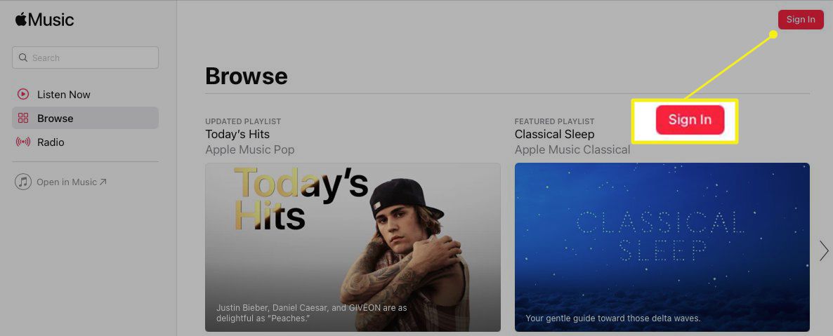 Web Apple Music se zvýrazněným nápisem „Přihlásit“