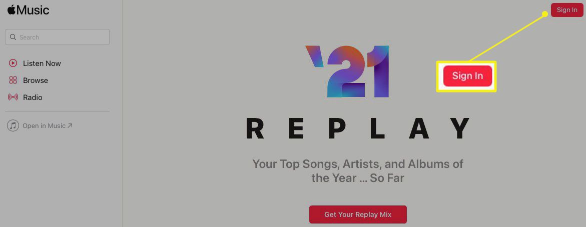 Web Apple Music Replay se zvýrazněným „Přihlásit“