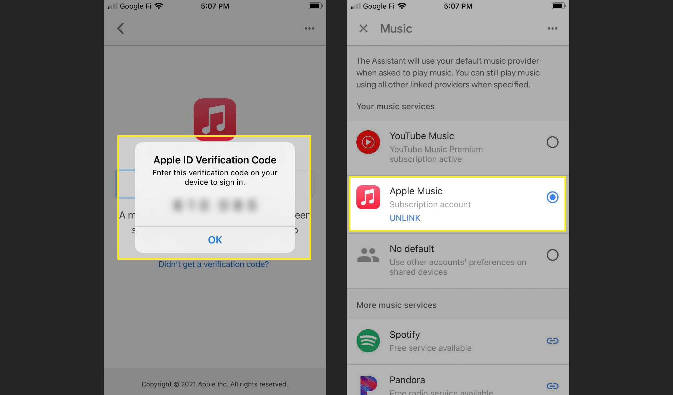 Poslední kroky přidání Apple Music do vaší aplikace Google Home pro iOS se zvýrazněným polem Ověřovací kód a propojeným potvrzením