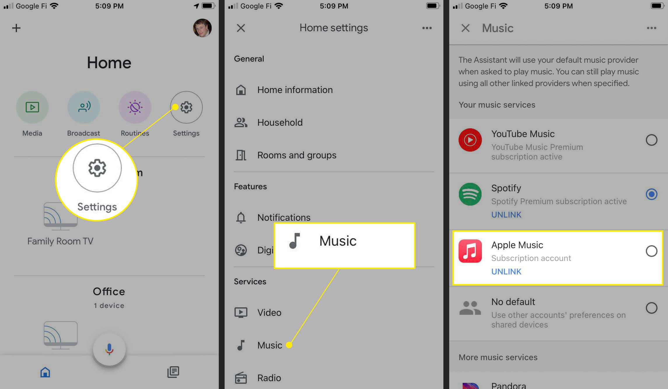 Nastavení Apple Music jako výchozí hudební služby pro Google Home pro iOS se zvýrazněným nastavením, hudbou a Apple Music