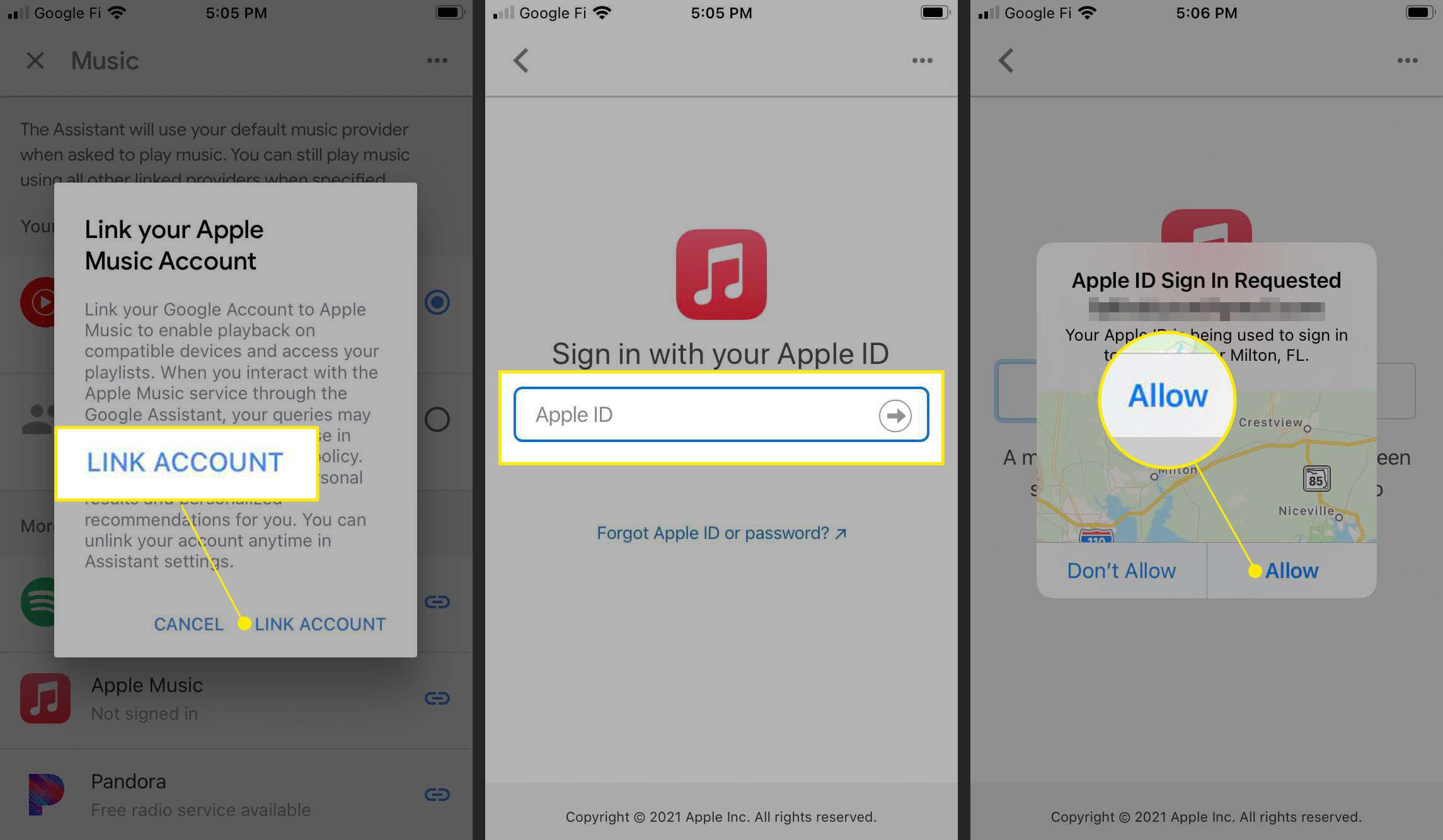 Propojení účtu Apple Music s aplikací Google Home pro iOS se zvýrazněným odkazem Účet propojení, Apple ID a Povolit