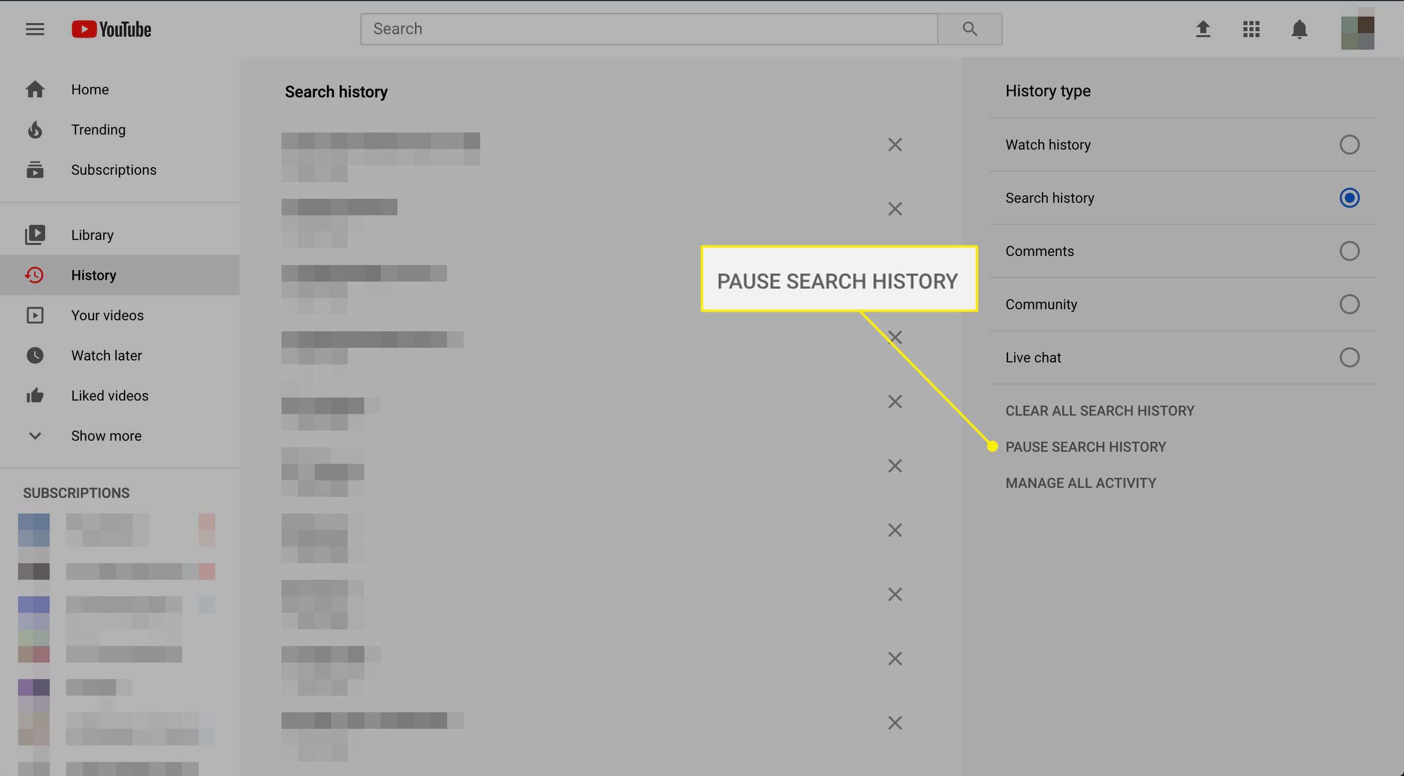 Příkaz „Pozastavit historii vyhledávání“ na YouTube.com