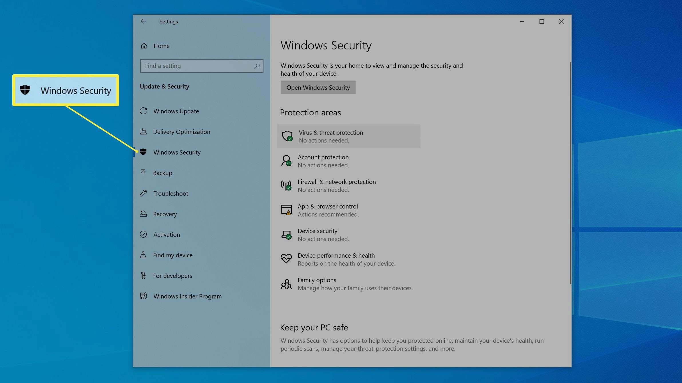 Stránka Zabezpečení systému Windows v aplikaci Nastavení.