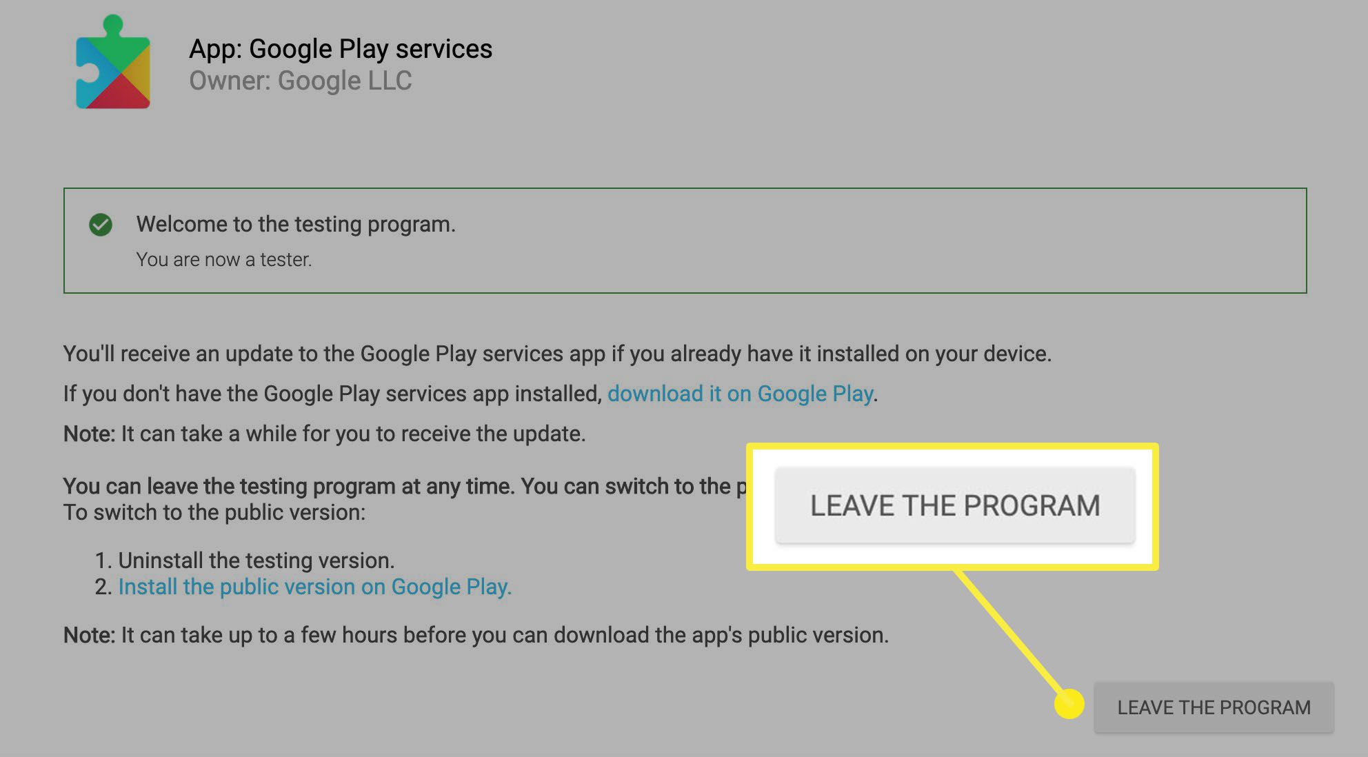 Kliknutím na tlačítko opustíte testovací program na Google Play.