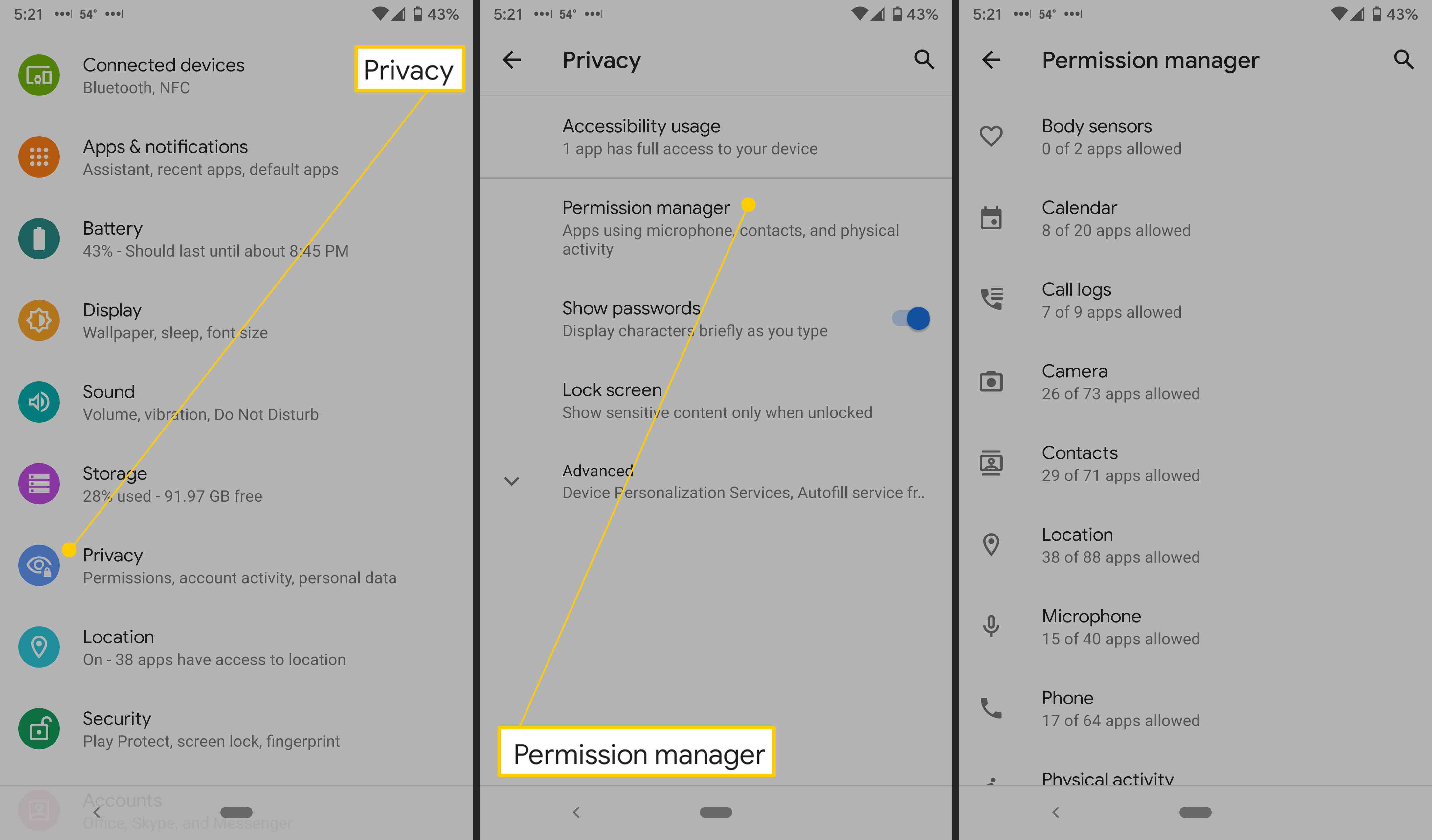Nastavení ochrany osobních údajů pro Android.