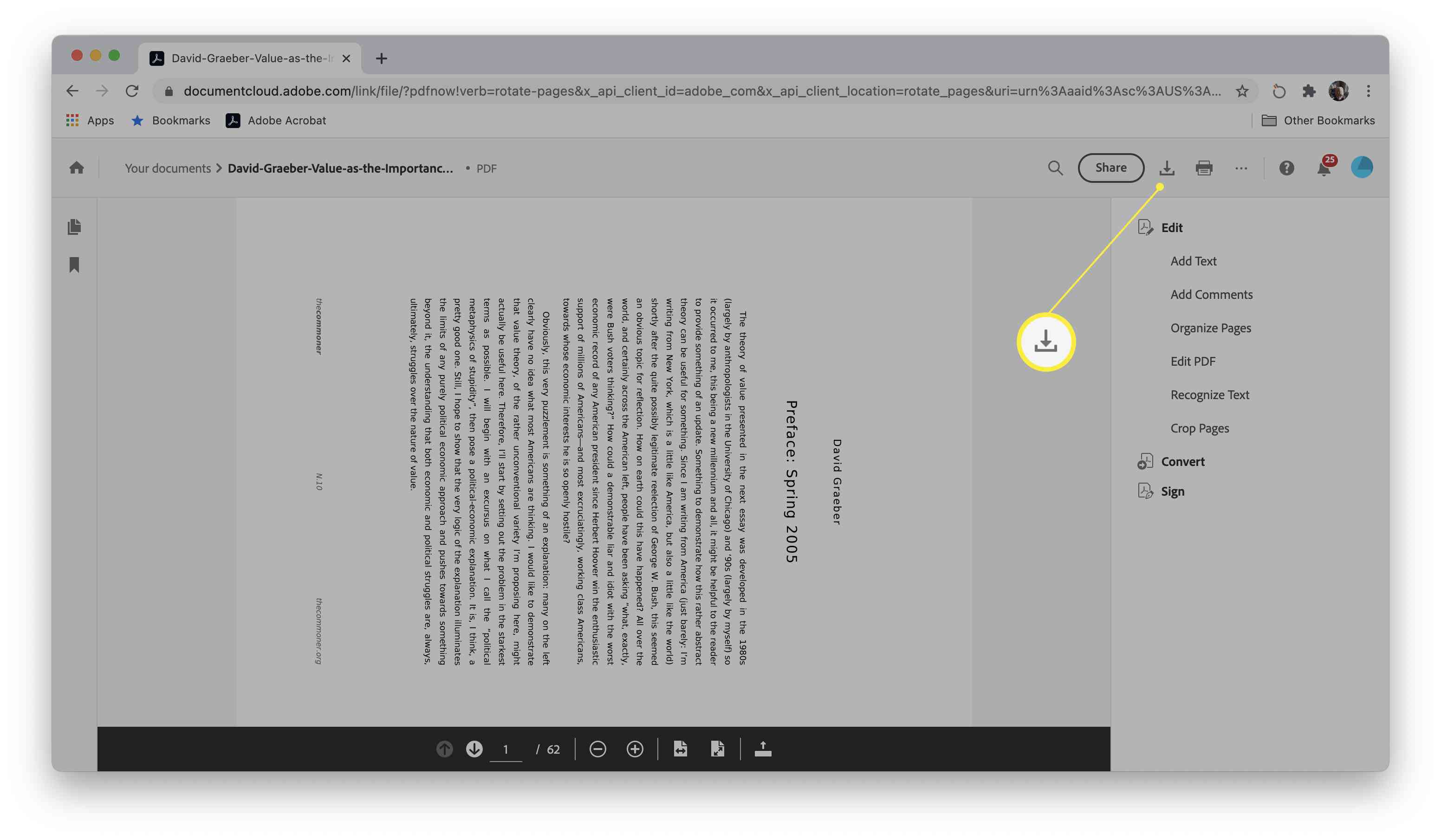 Web Adobe rotující PDF se zvýrazněným dialogovým oknem Stáhnout soubor