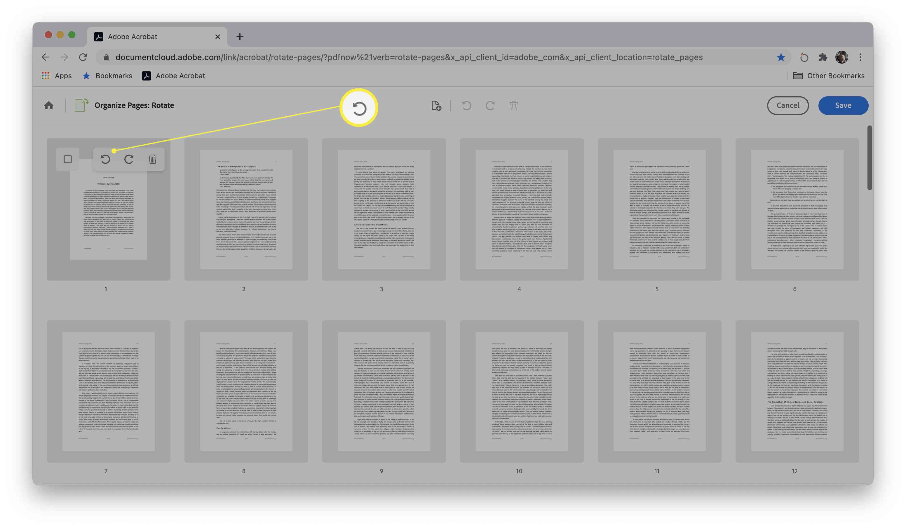 Web Adobe pro otáčení dokumentů PDF se zvýrazněnými směrovými šipkami