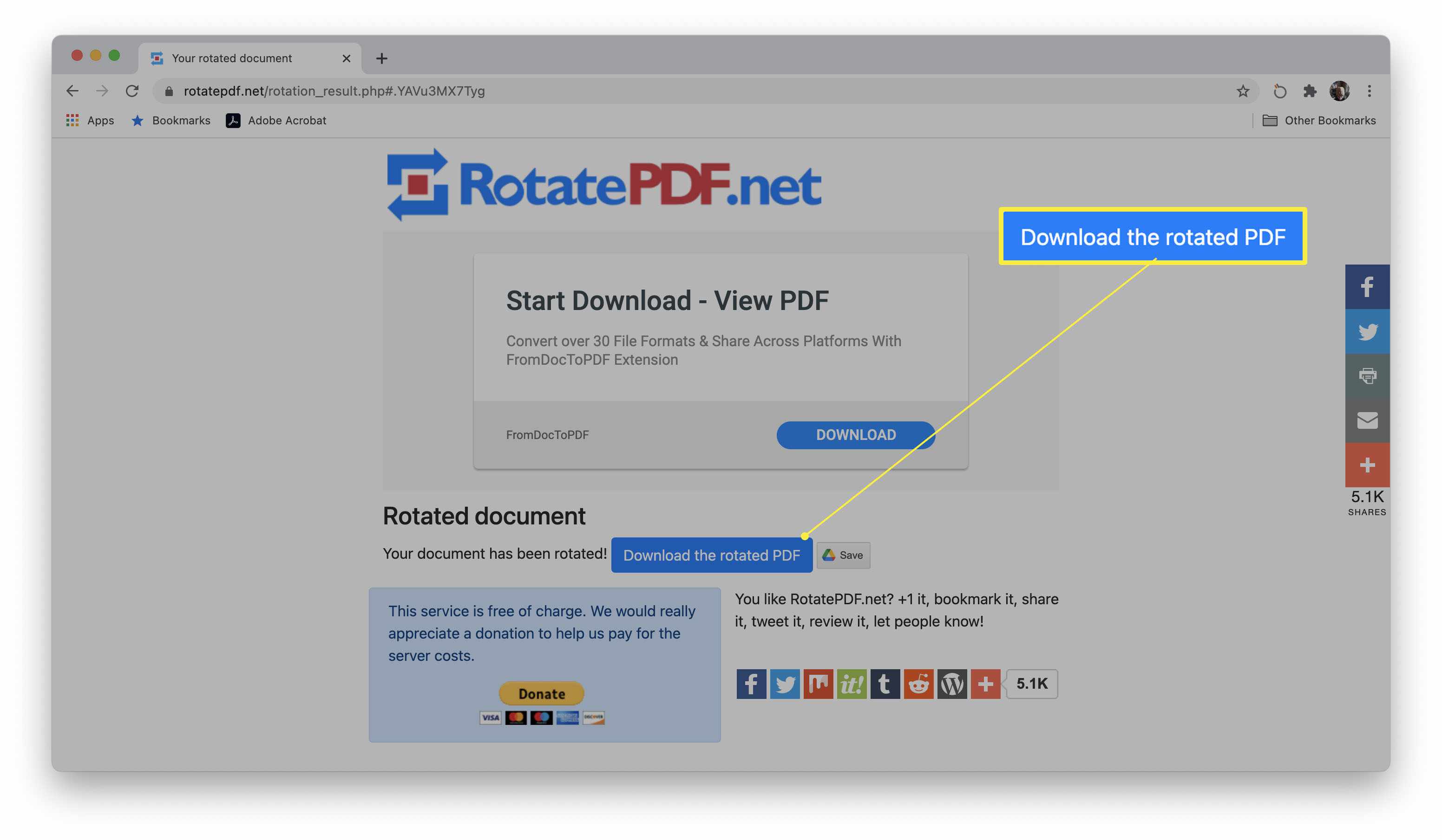 Web RotatePDF se zvýrazněným tlačítkem Stáhnout otočené PDF