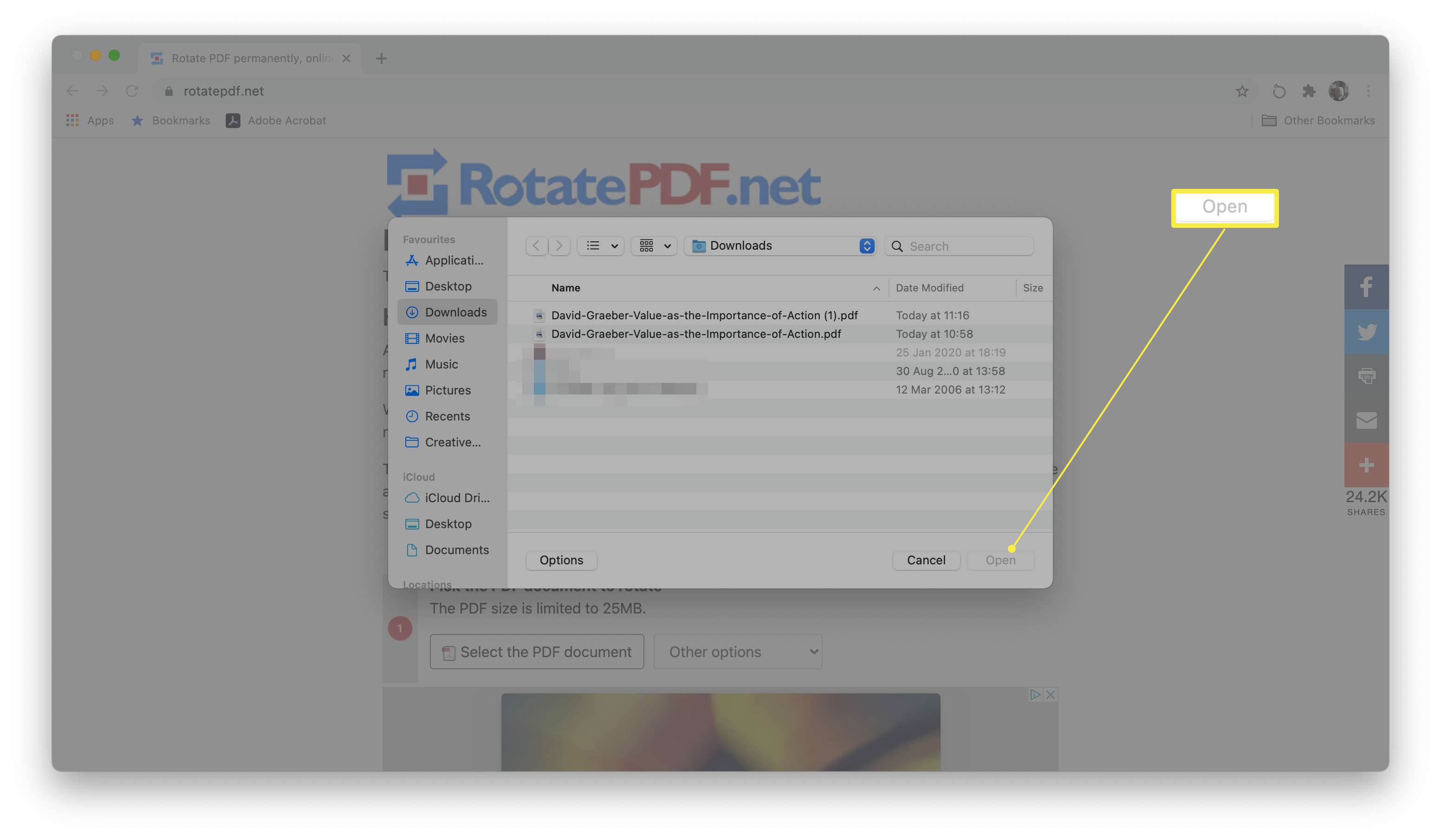 Web RotatePDF se zobrazeným dialogovým oknem Otevřít soubor