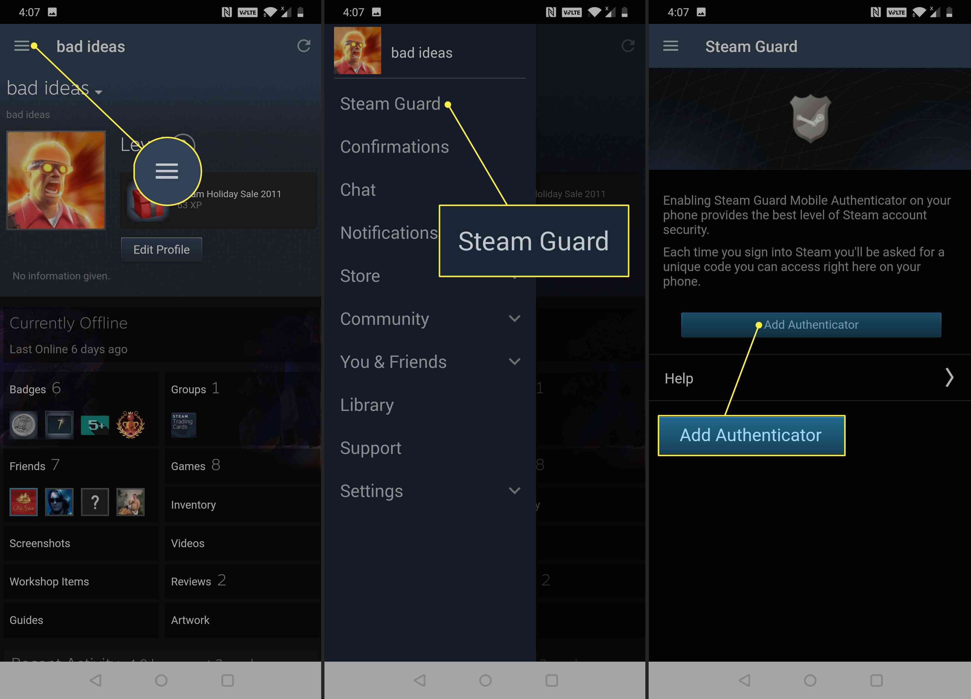 Telefon s Androidem využívající Steam Guard