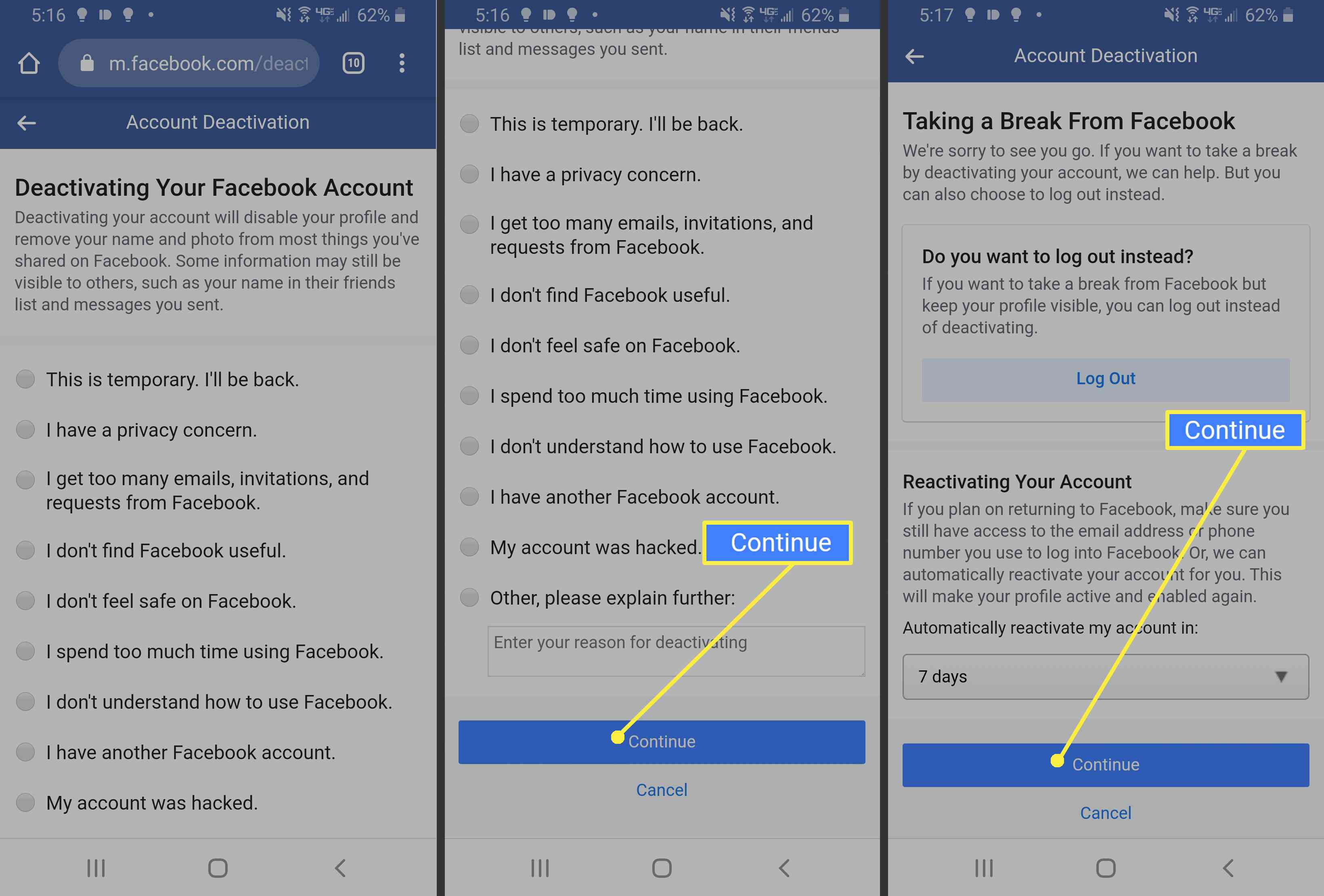 Deaktivace účtu Facebook v mobilním prohlížeči v systému Android.