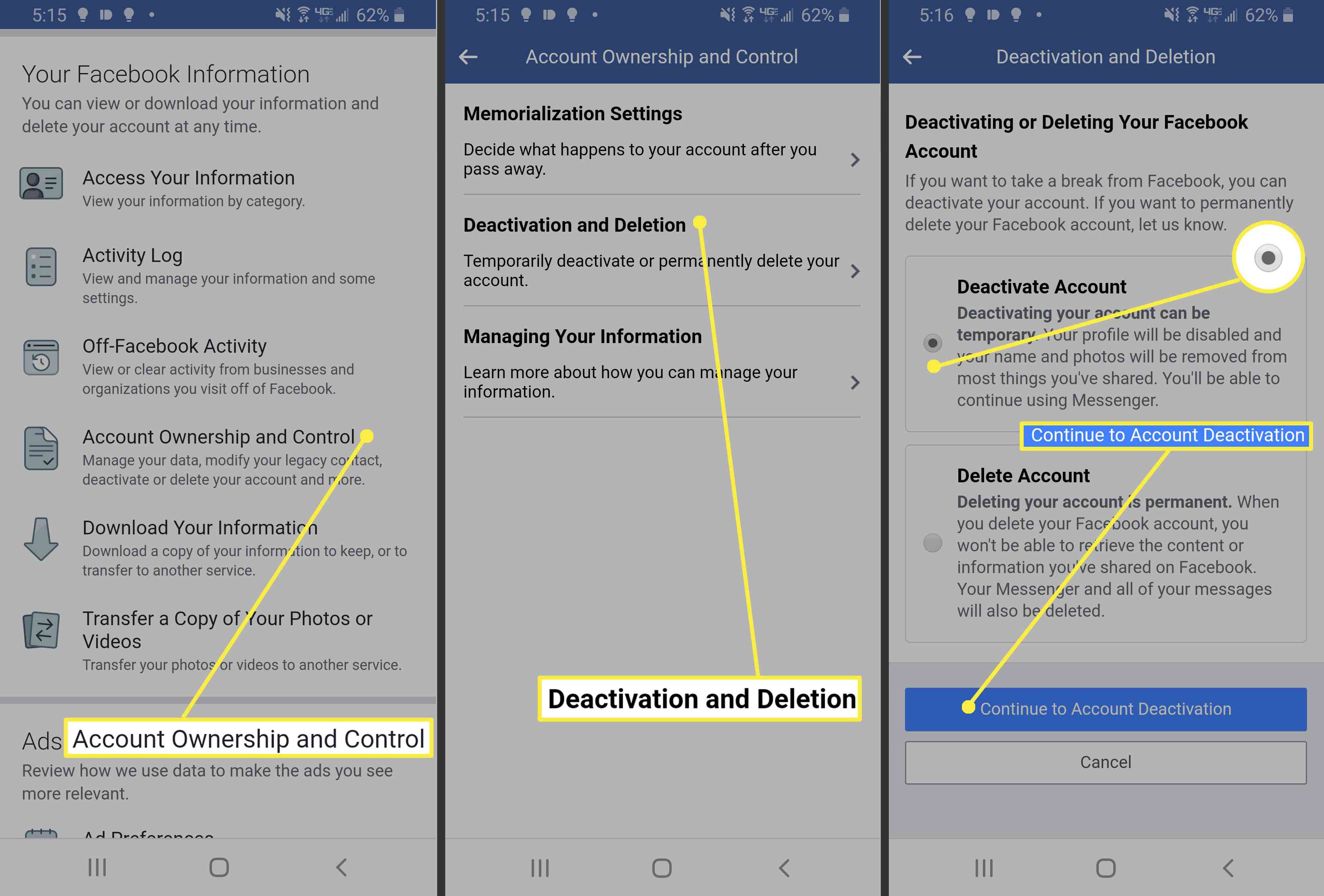 Deaktivace účtu Facebook v mobilním prohlížeči v systému Android.