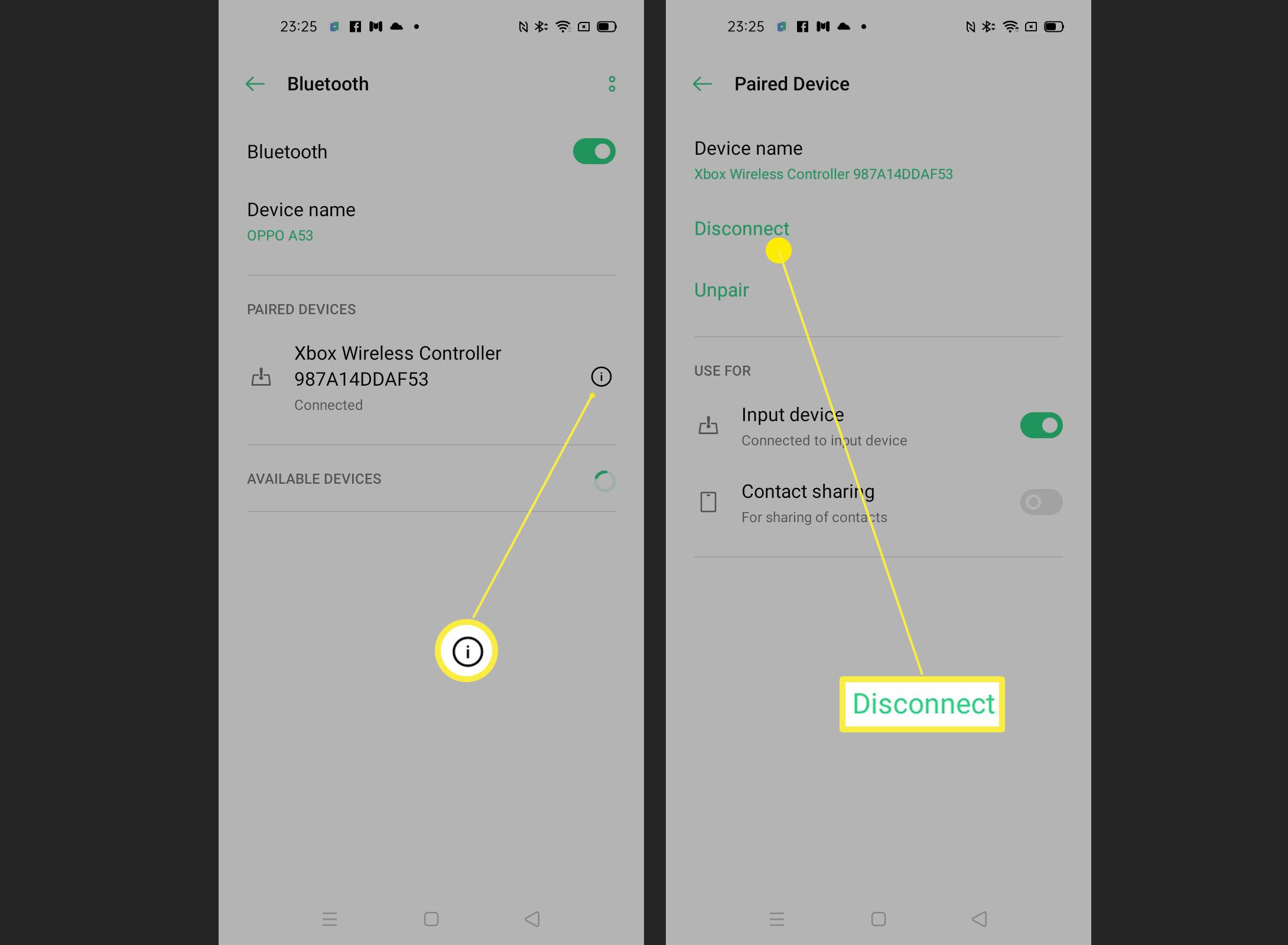 Kroky pro odpojení ovladače od telefonu Android pomocí nastavení Bluetooth