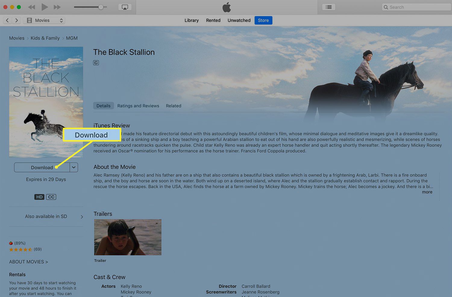 Obrazovka stahování filmu v iTunes