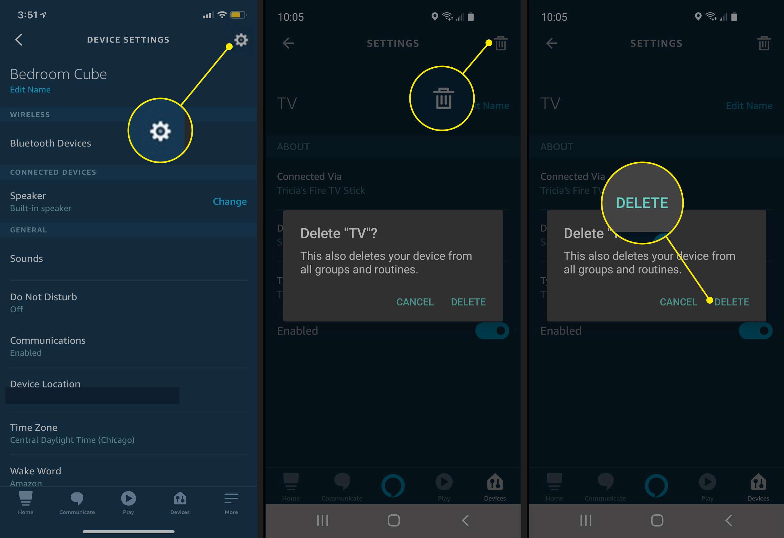Tlačítka Nastavení, Koš a Odstranit v aplikaci Alexa pro iOS