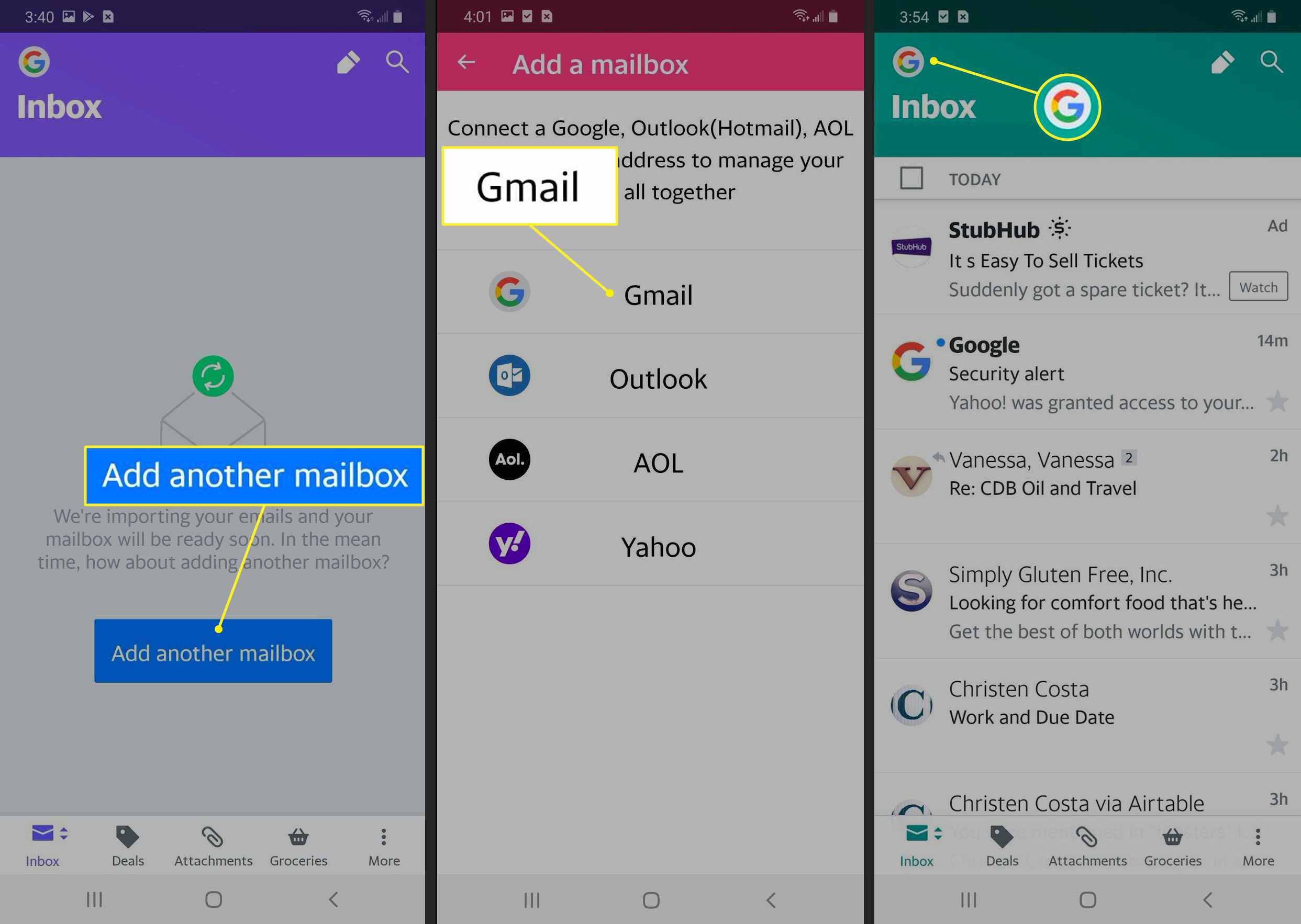 Obrazovky ukazující, jak přidat další poštovní schránku v aplikaci Yahoo Mail