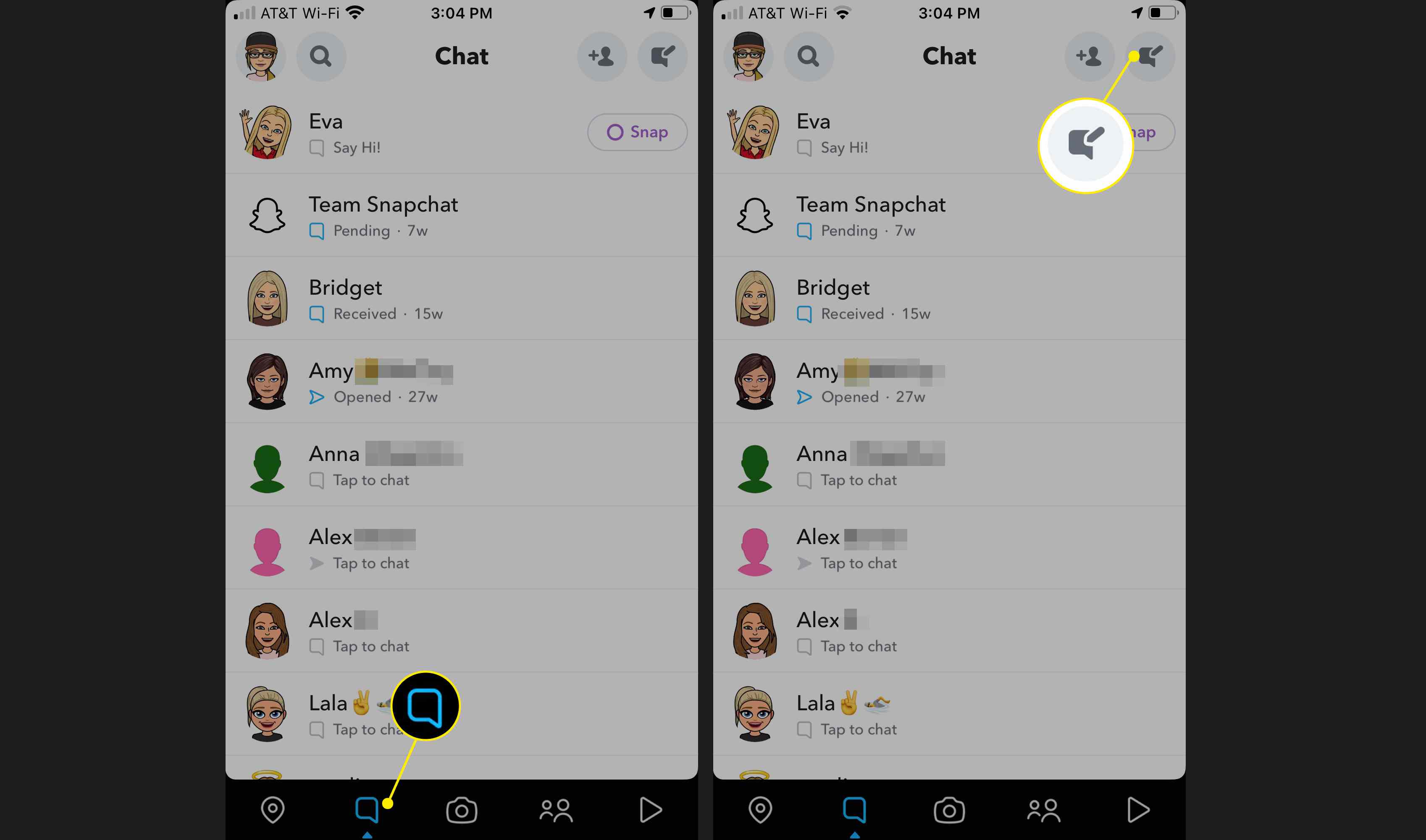 Vyberte kartu Chaty a ikonu Vytvořit v Snapchatu