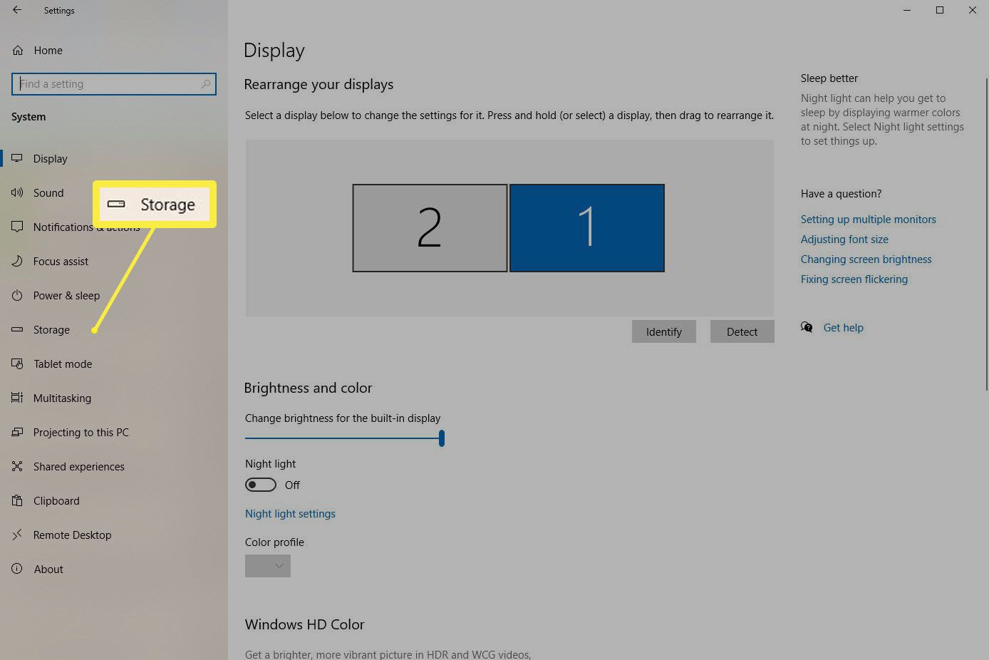 Screenshot nastavení úložiště v systému Windows 10.