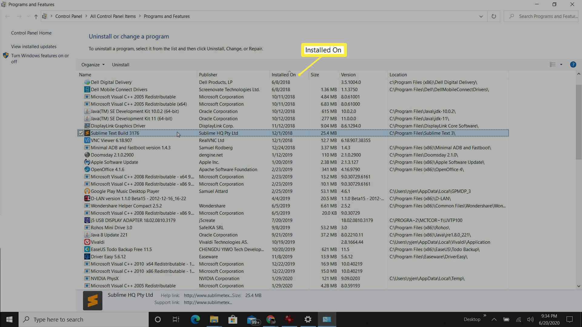 Screenshot z odebírání programů ve Windows