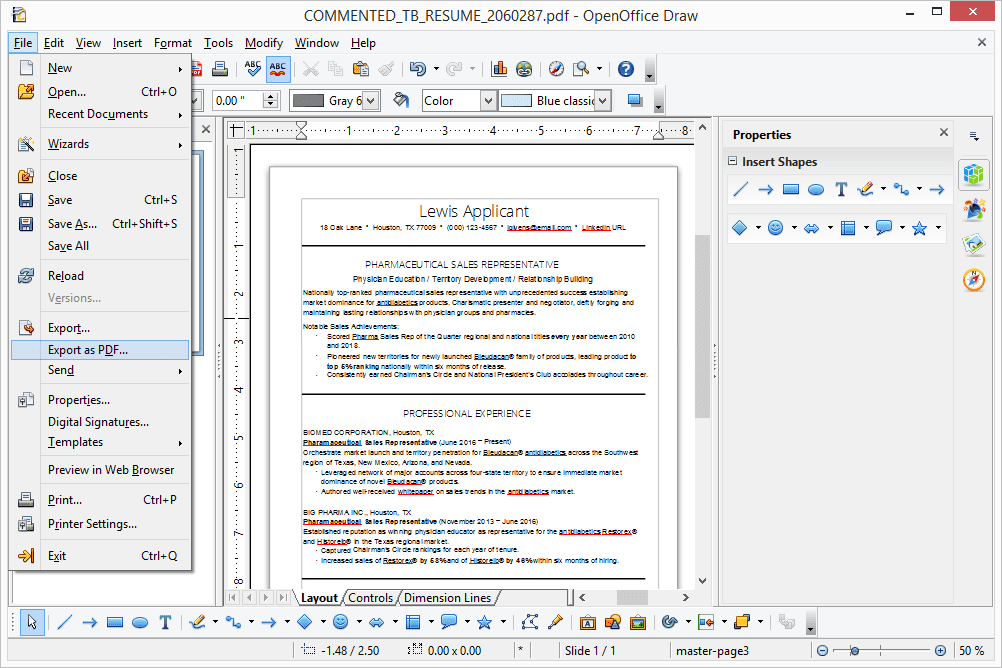 Možnost Exportovat do PDF v OpenOffice Draw