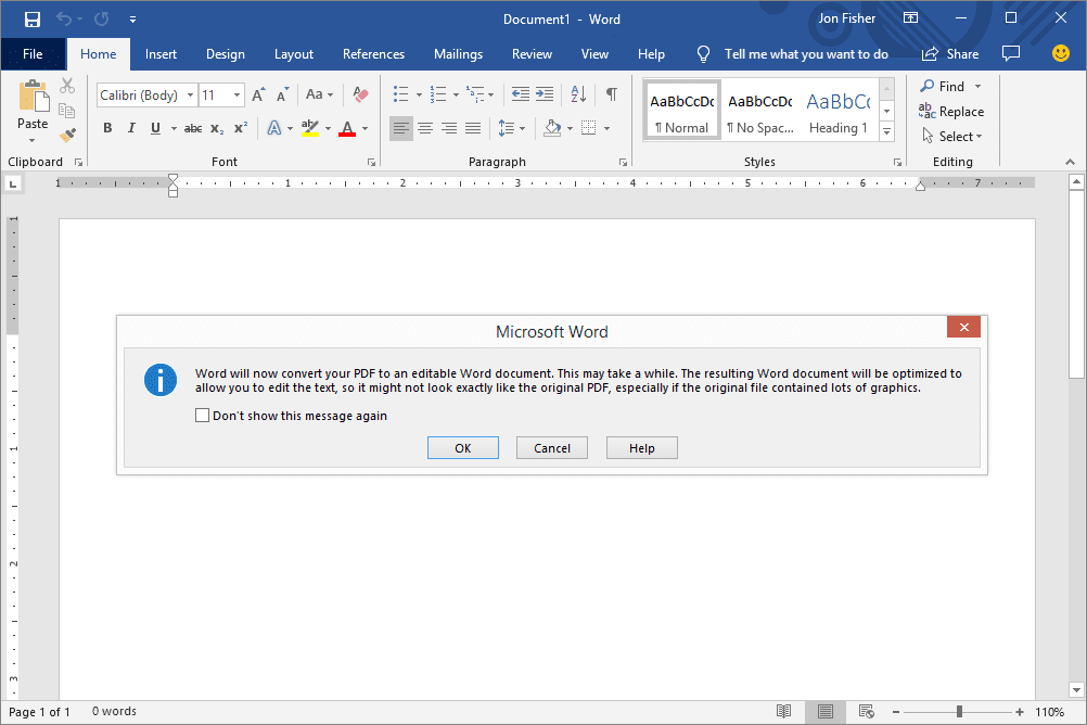 Výzva k převodu PDF v aplikaci Microsoft Word