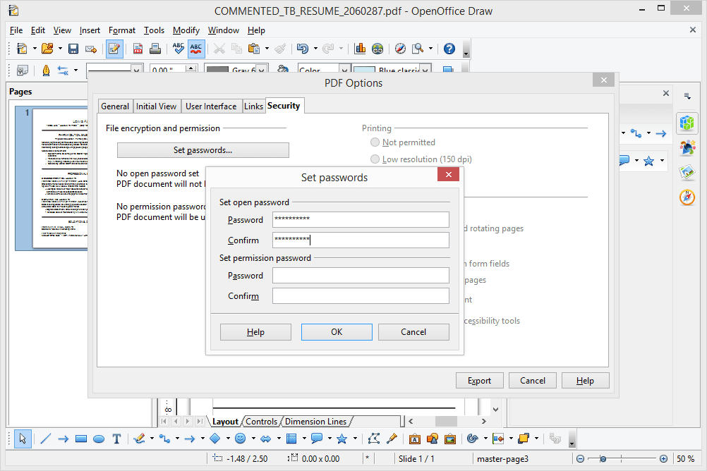 Výzva k zadání hesla do PDF v OpenOffice Draw