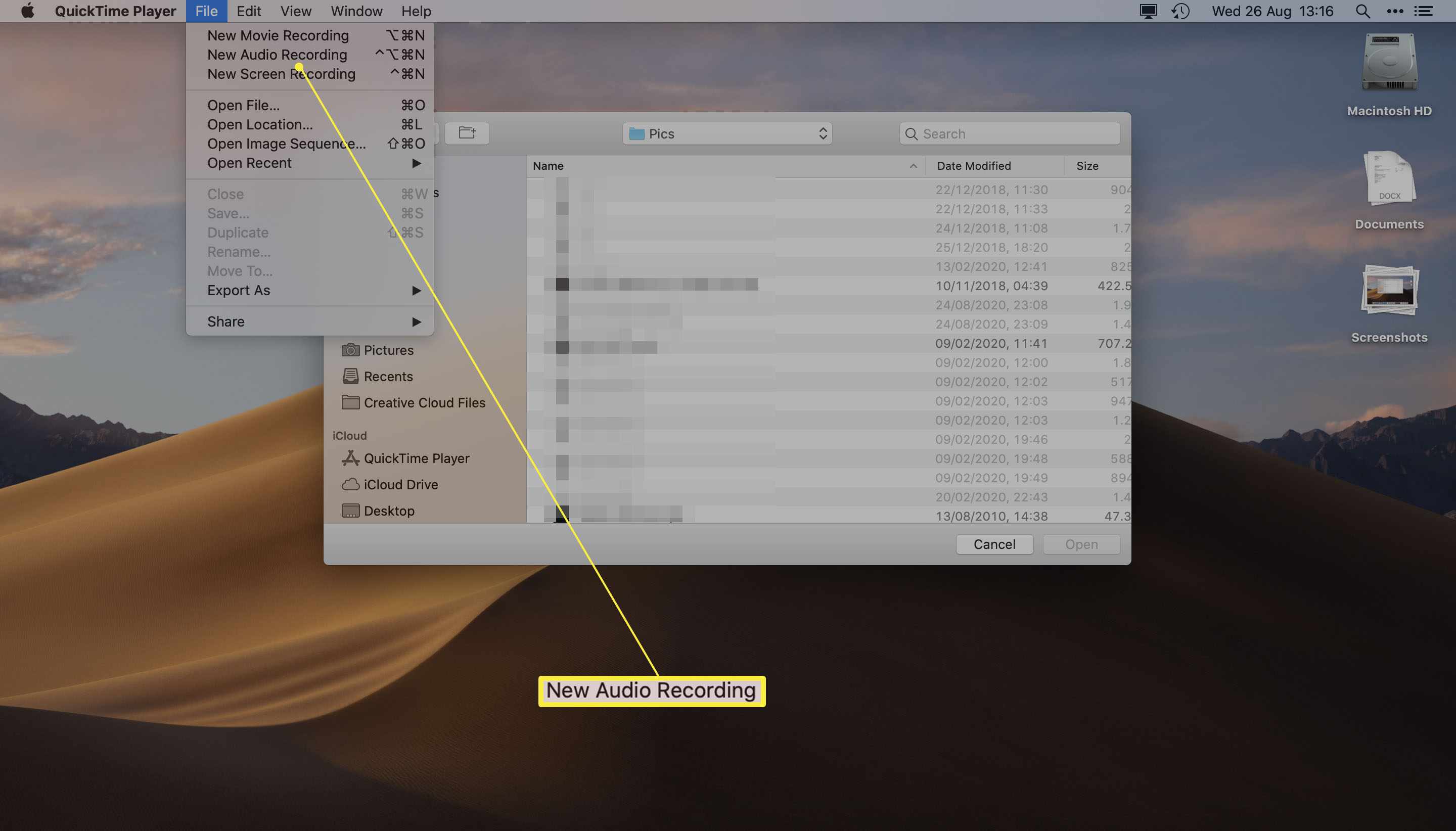 Přehrávač QuickTime pro Mac se zvýrazněným novým zvukovým záznamem