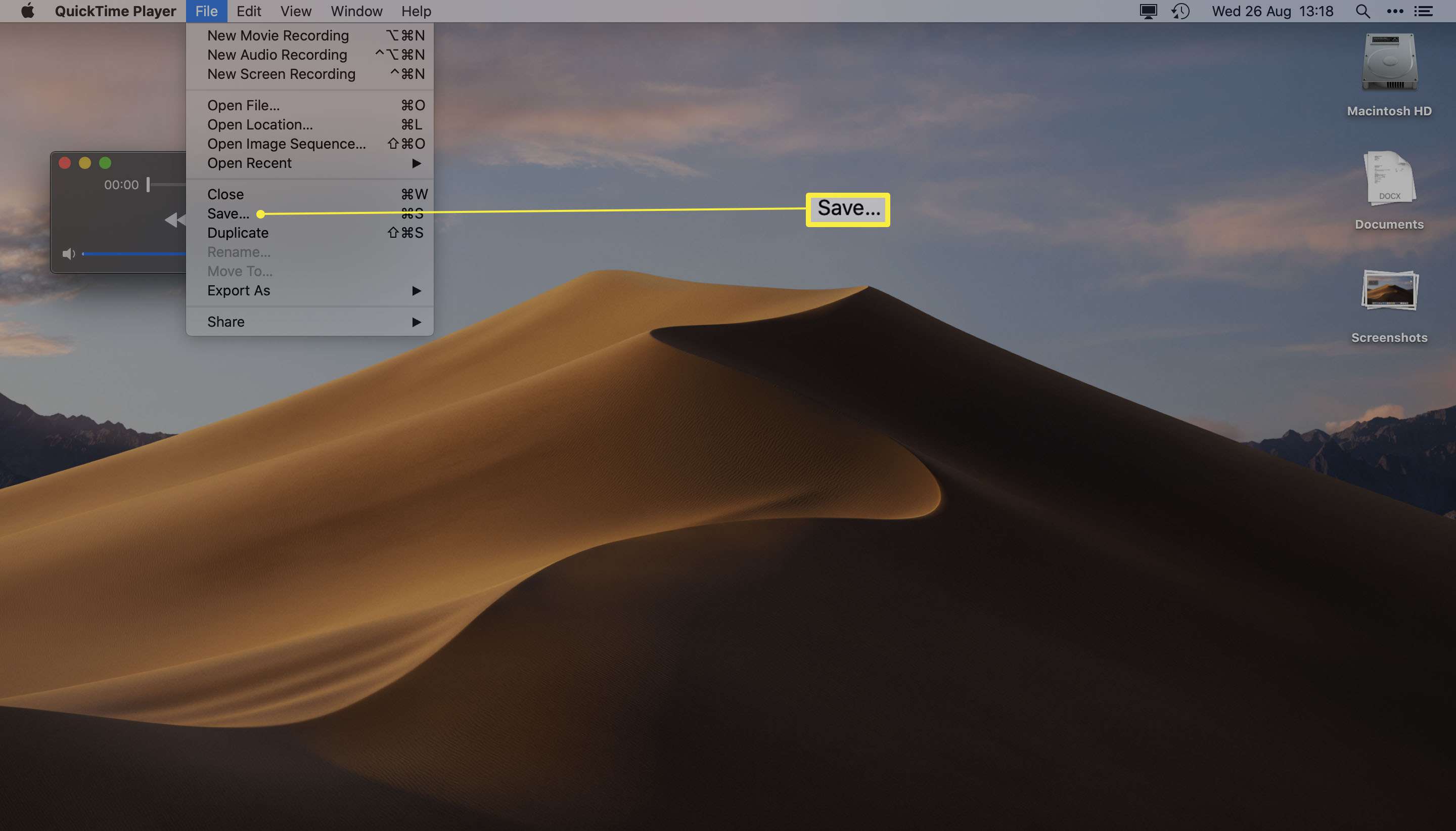 Přehrávač QuickTime pro Mac se zvýrazněným dialogovým oknem Uložit