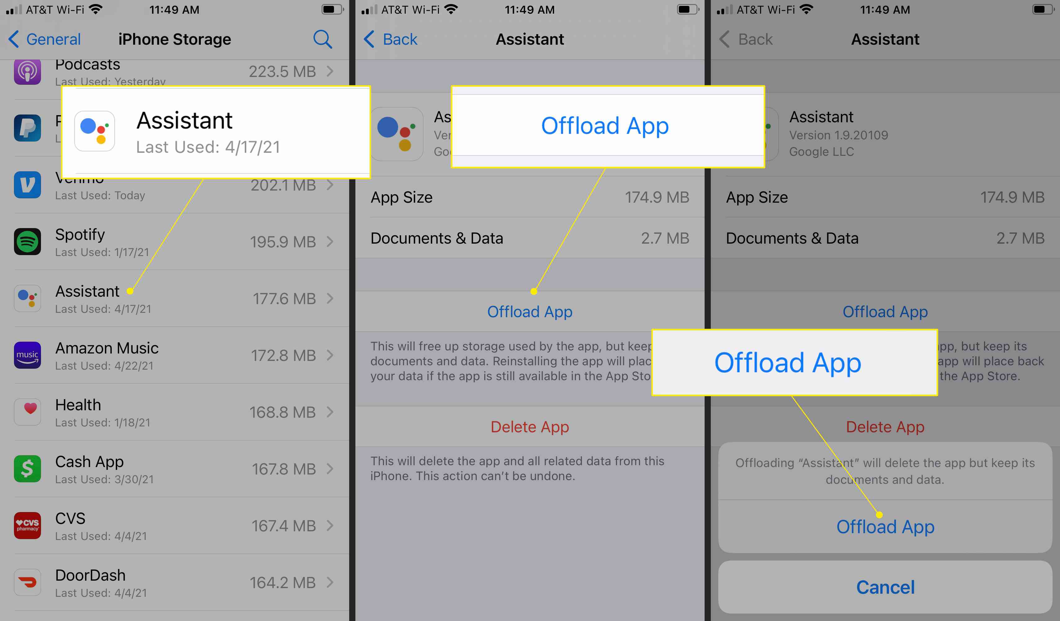 Nastavení iPhone se zvýrazněnou aplikací Assistant, poté se zvýrazní Offload App
