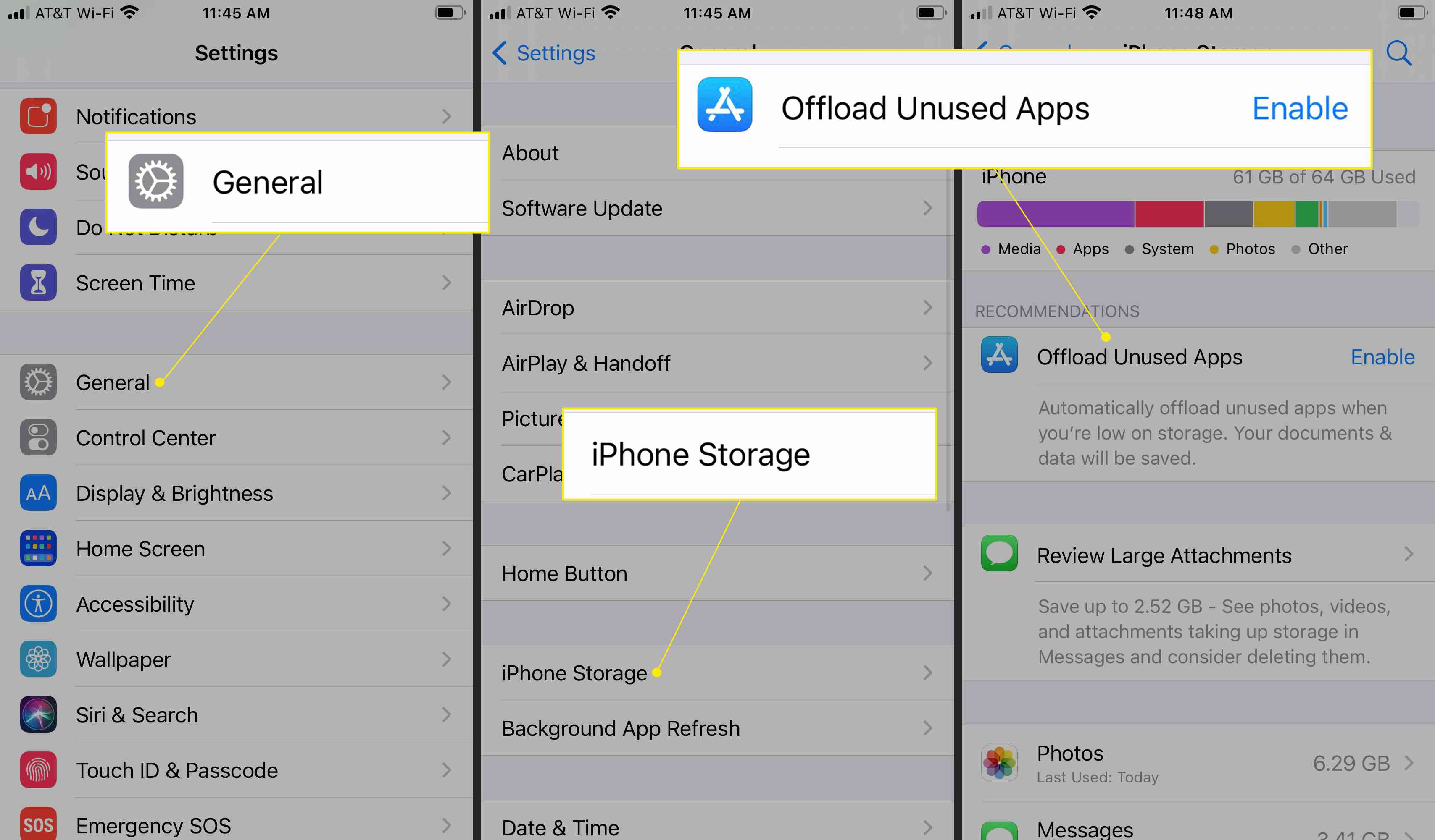 Nastavení iPhonu se zvýrazněnými položkami Obecné, Úložiště pro iPhone a „Vypnout nepoužívané aplikace“