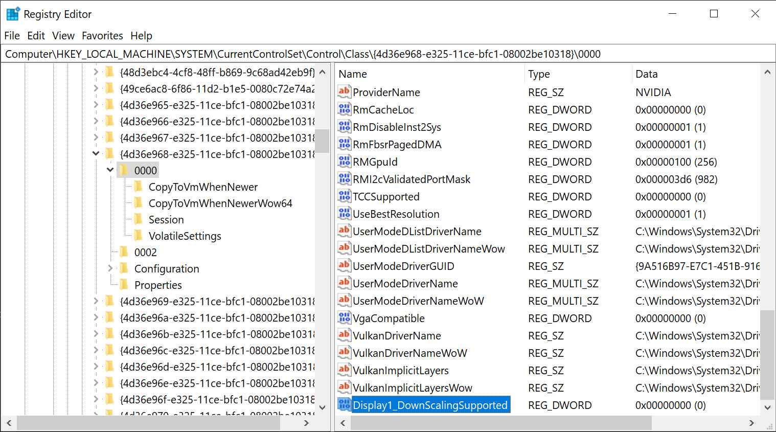Vyberte klíč registru Display1_DownScalingSupported