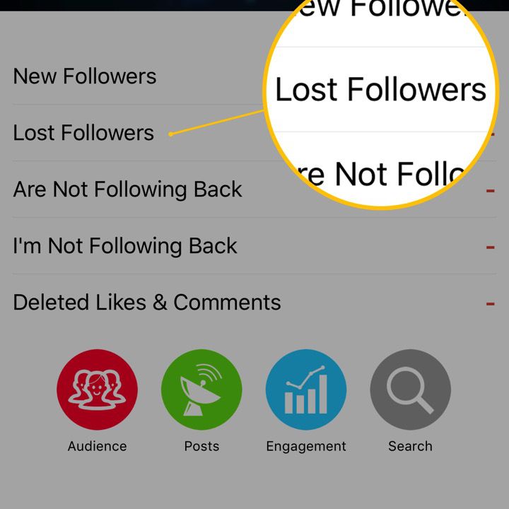 Screenshot aplikace zobrazující kartu Ztracení následovníci