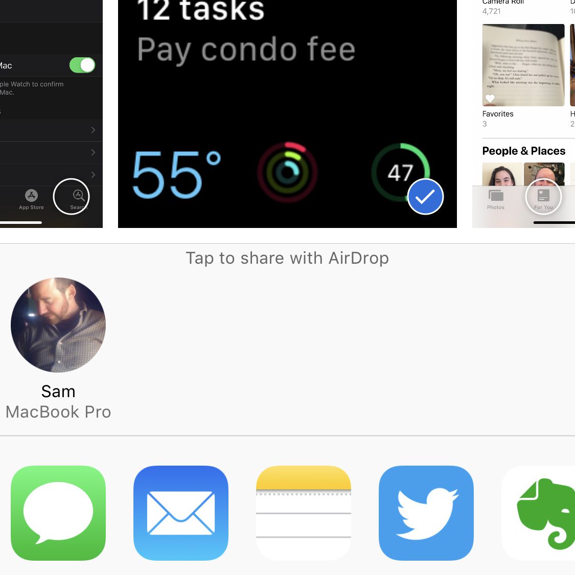Snímek obrazovky s možnostmi sdílení v aplikaci Fotky iPhone