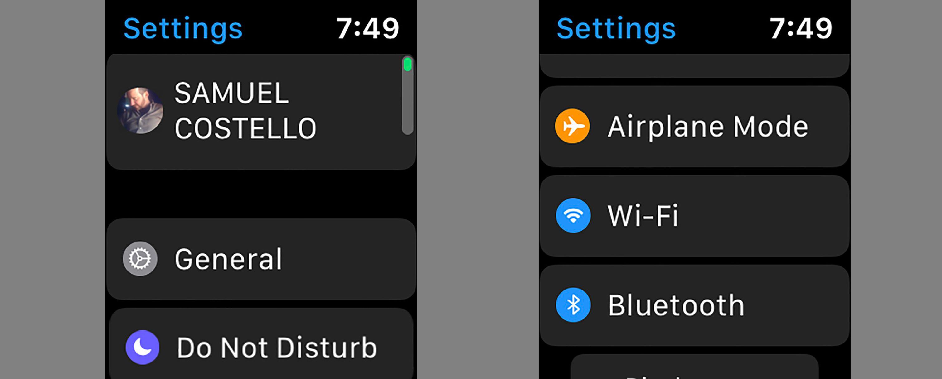 Screenshoty, kde najdete možnost Bluetooth na Apple Watch.