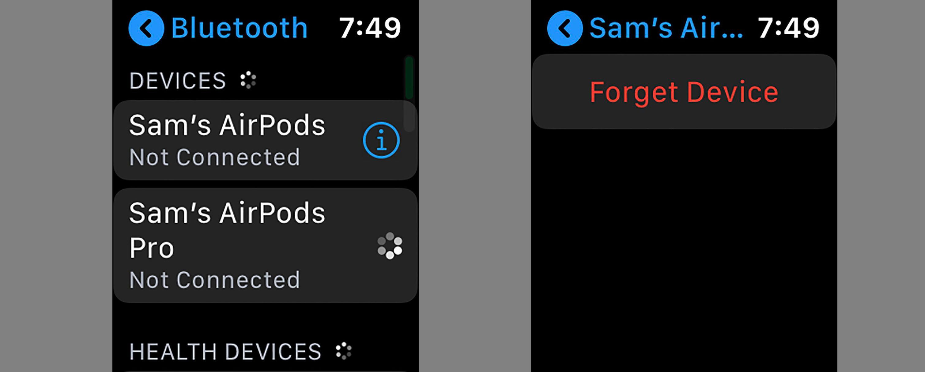 Screenshoty ukazující, jak zapomenout na Airpods na Apple Watch.