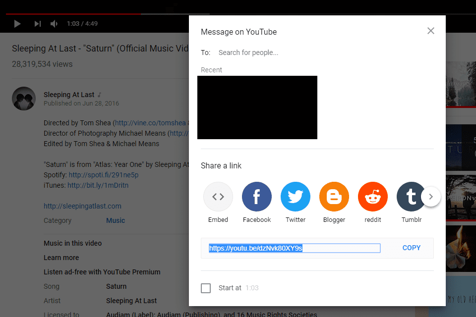 Možnost kopírování URL na YouTube