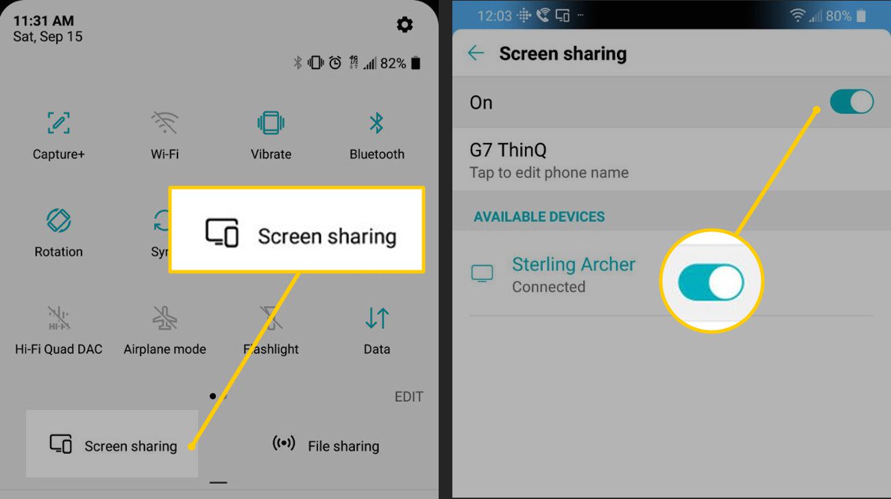 Tlačítko nabídky sdílení obrazovky a přepínací přepínač v systému Android