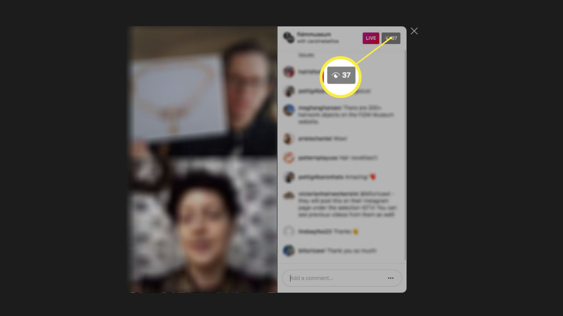 Screenshot zobrazující počet živých diváků na živém příběhu Instagramu.