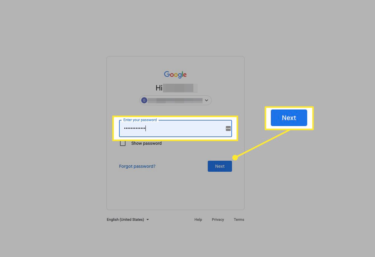 Přihlášení k účtu Google s polem hesla a zvýrazněným tlačítkem „Další“