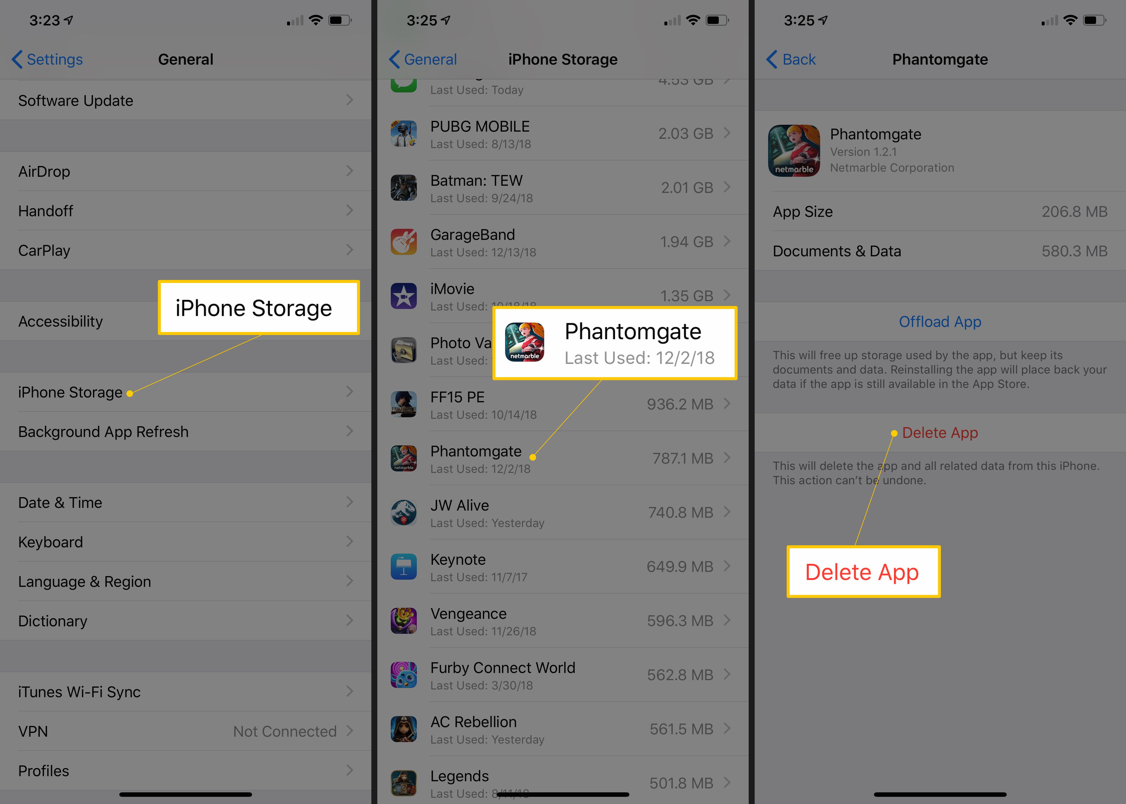 Tři obrazovky iOS zobrazující tlačítko úložiště iPhone v Obecných nastaveních, aplikaci, kterou chcete odstranit, a tlačítko Odstranit aplikaci