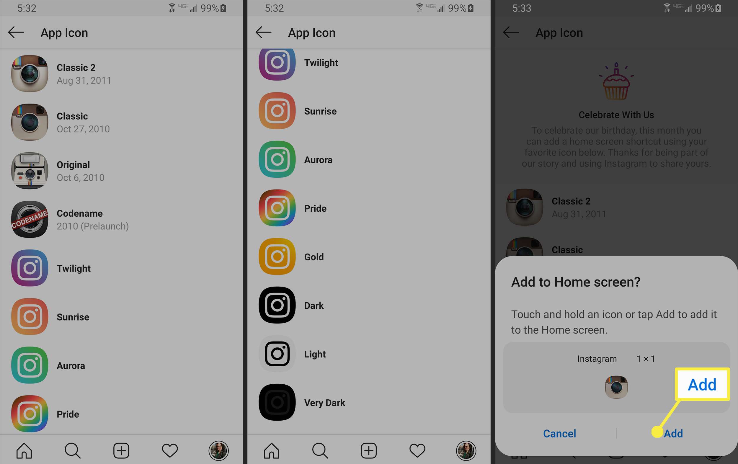 Změna ikony aplikace Instagram v systému Android.